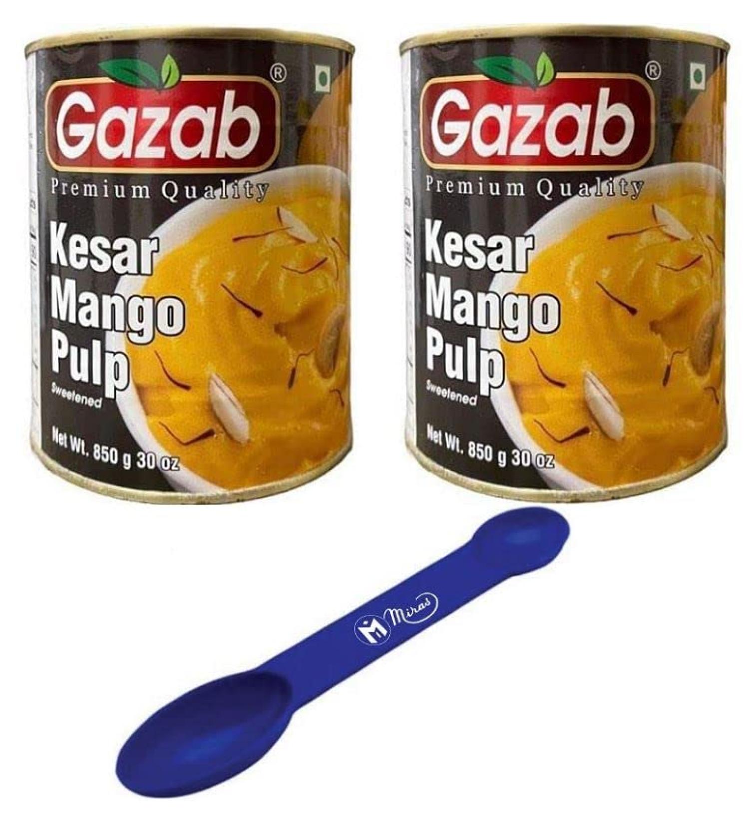 (Pack of 2) Gazab Premium Kesar Mango Pulp 850g - Sweetened - 30 oz + Free Miras 2-in-1 Measuring Spoon - Buy Online on GoSupps.com