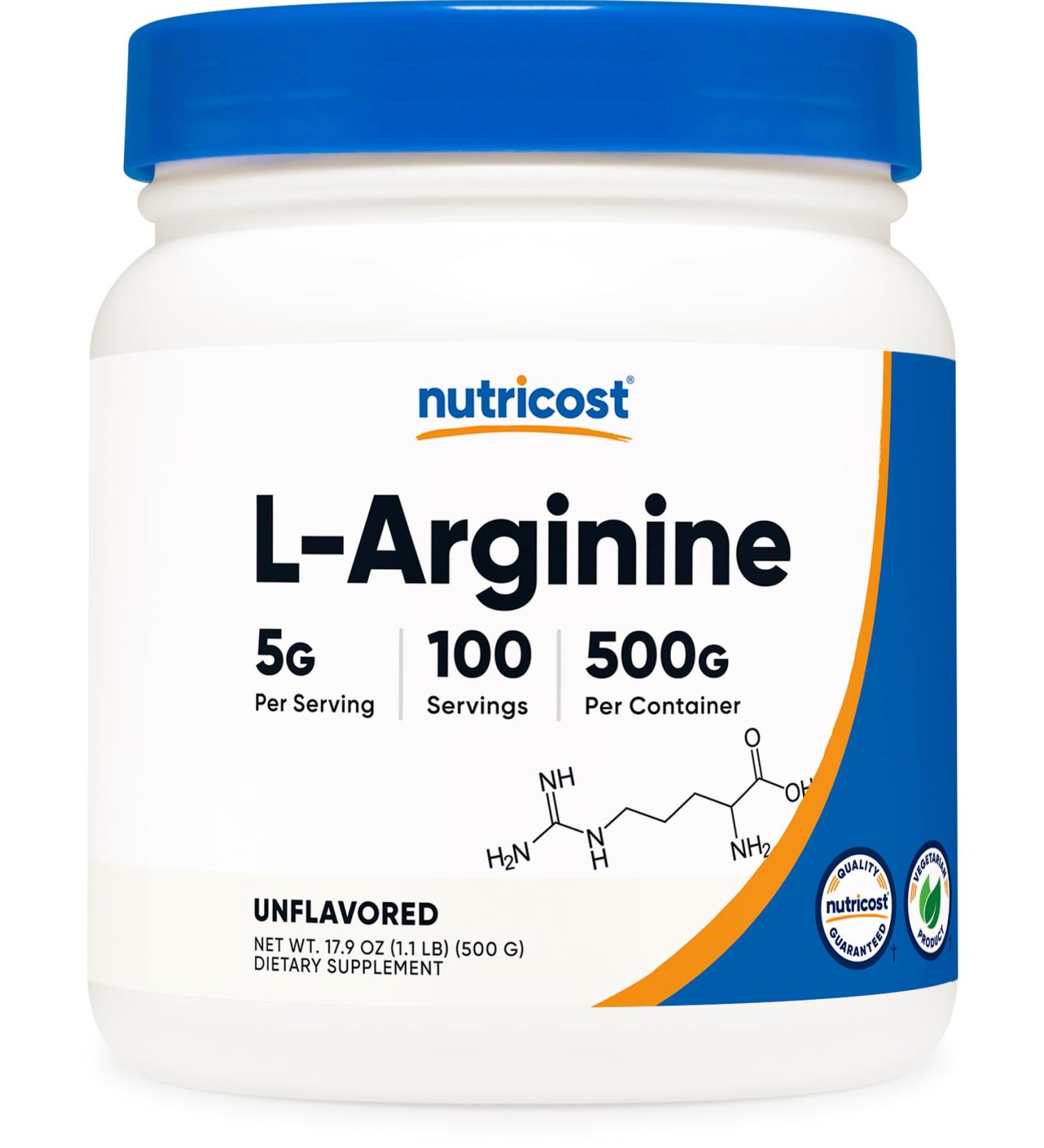 Nutricost L-Arginine Powder 500 Grams (1.1lbs) - Pure L-Arginine Powder - 5000mg Per Serving 100 Servings 1.1 Pound (Pack of 1) - Buy Online on GoSupps.com