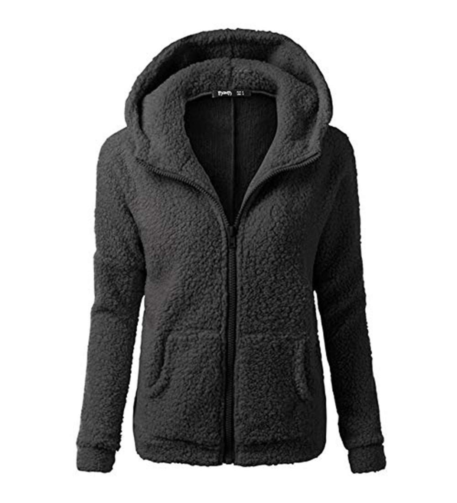 Bigfanshu Womens Fleece Teddy Hoodies Zipper Solid Pocket Hooded Coat Winter Warm Cotton Outwear Casual Sweatshirt Black - Buy Online on GoSupps.com