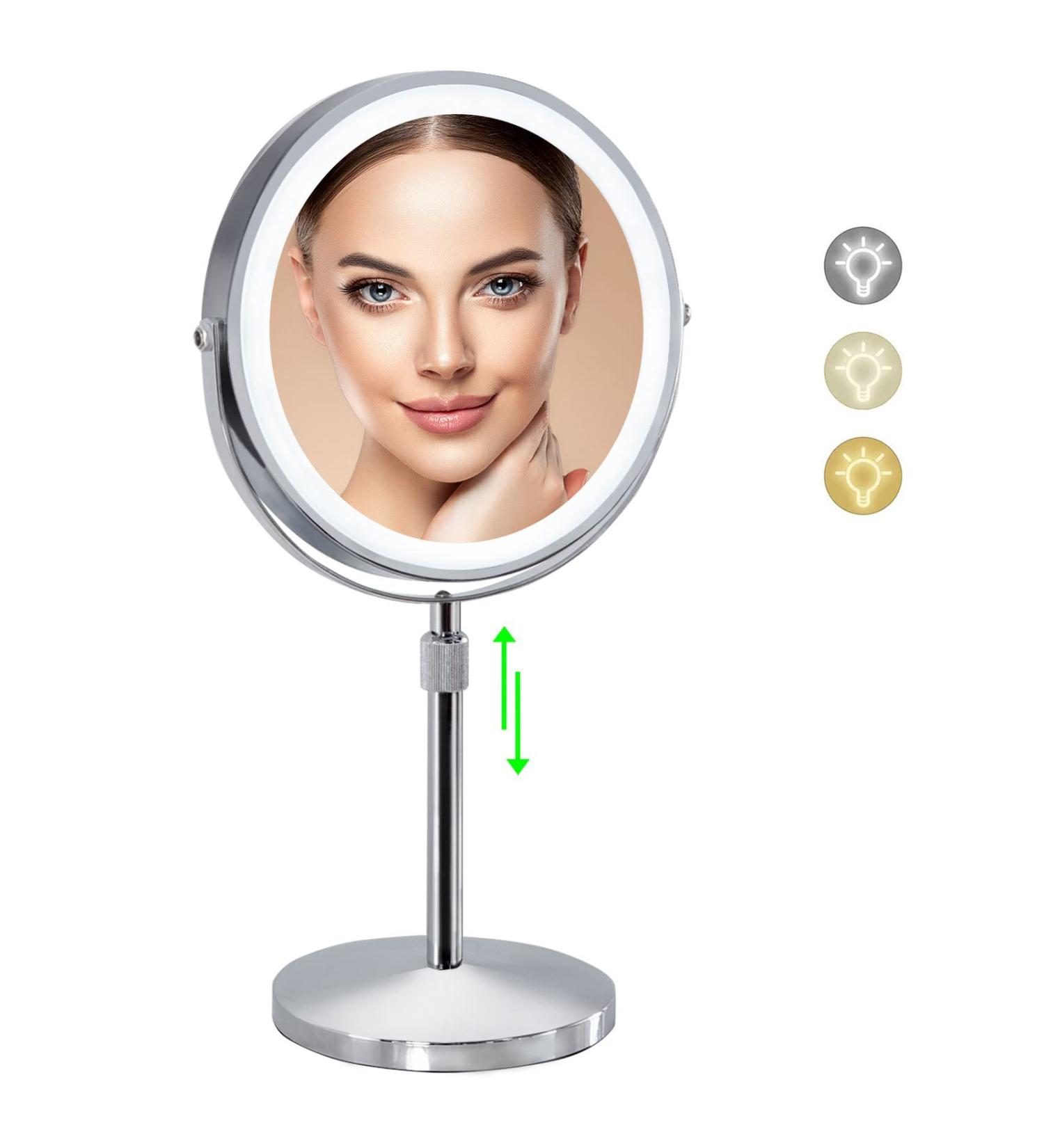 Adjustable LED Lighted Makeup Mirror with 3 Color Options, 10x Magnification, Rechargeable Battery - Chrome Finish - Buy Online on GoSupps.com