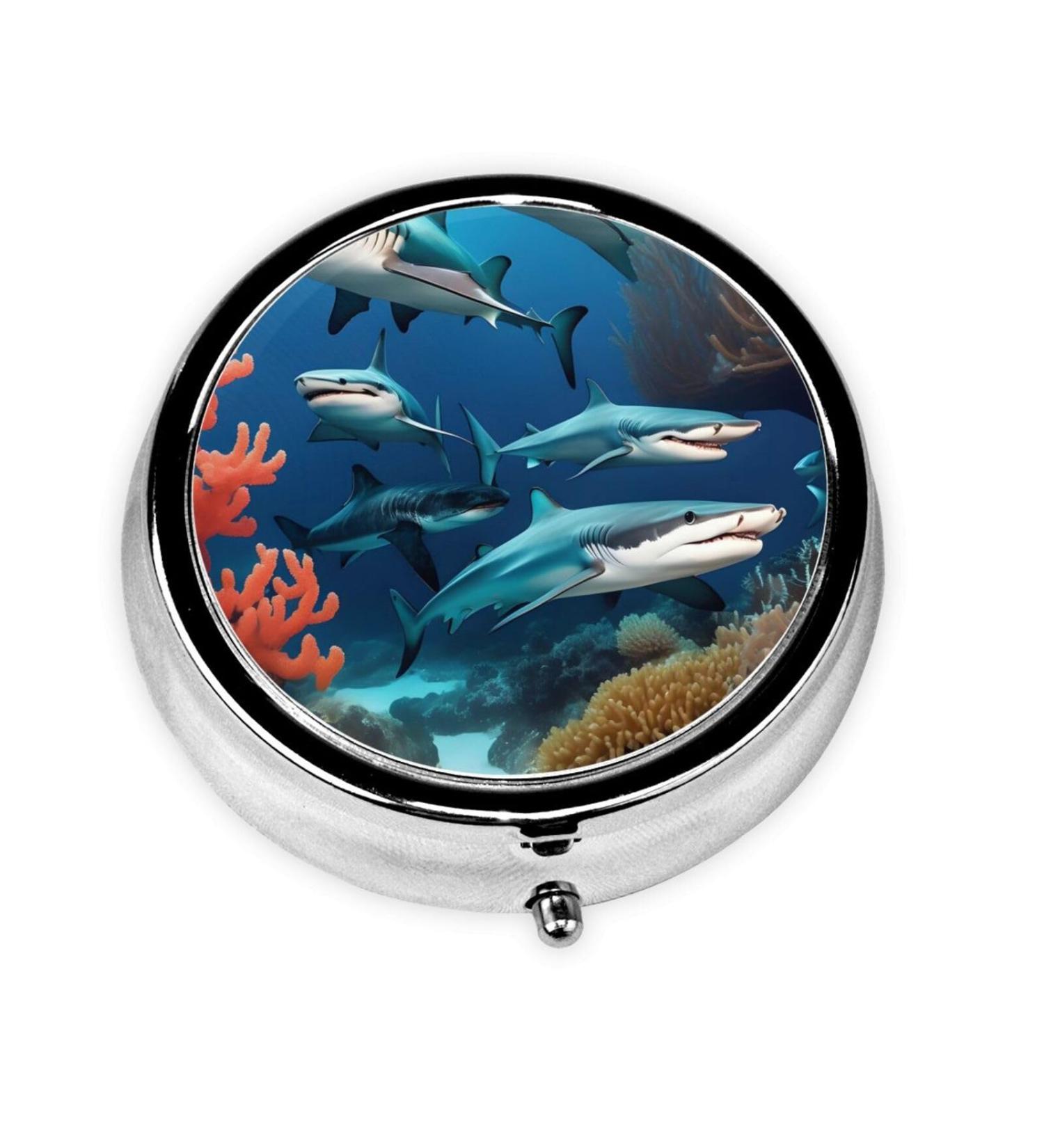 Submarine Shark Coral Round Pill Box - 3 Compartment Travel Organizer for Pills | Portable & Stylish Travel Accessory - Buy Online on GoSupps.com