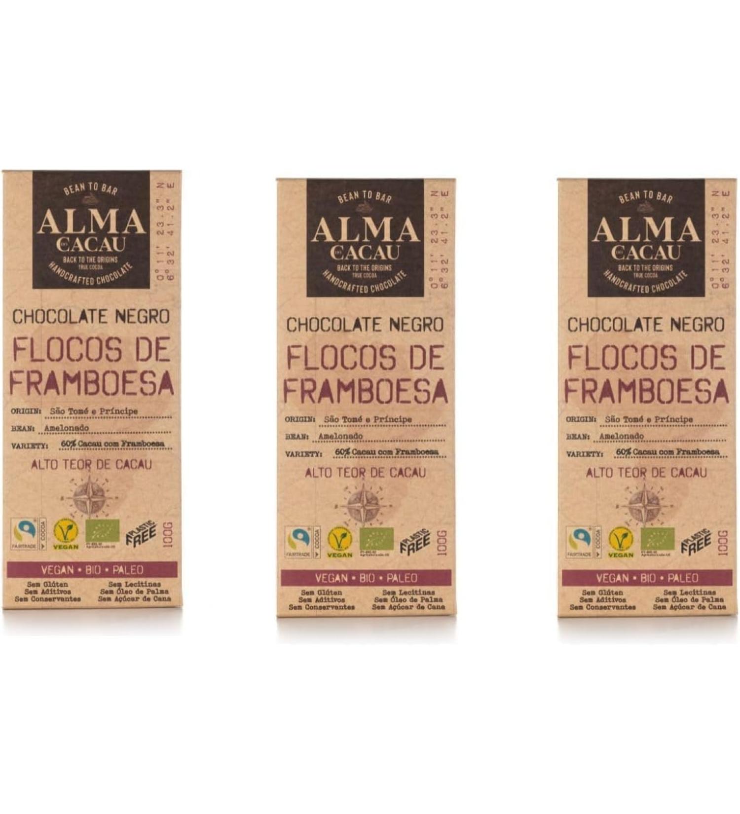 Alma do Cacau 60% Chocolate with Raspberry Flakes - Pack of 3 x 100g bars - Vegan eco-friendly and paleo product - Originating from S o Tom and Pr ncipe - No cane sugar or palm oil