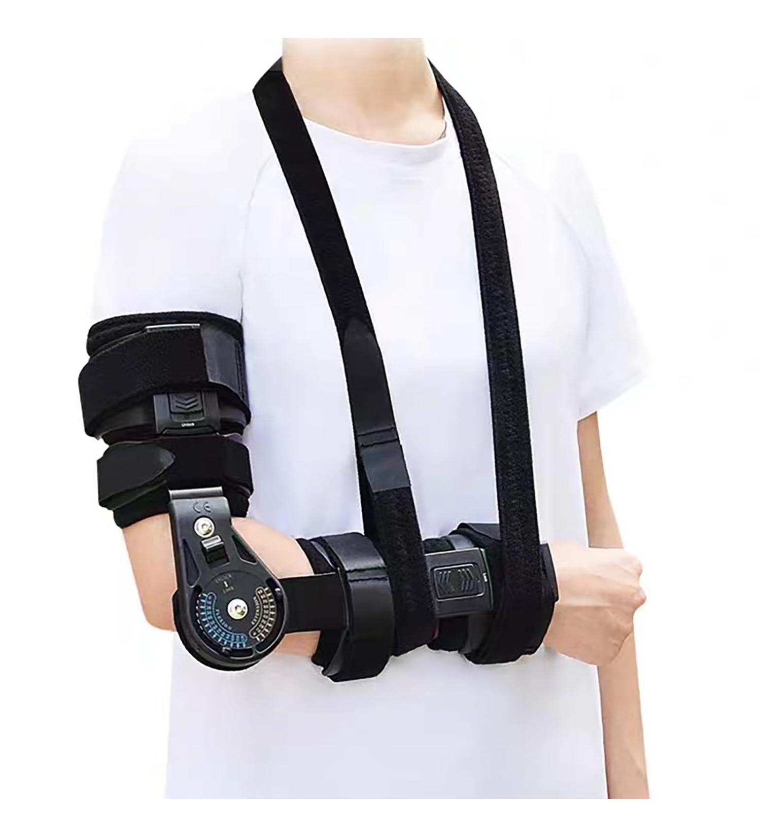 Hinged Adjustable Elbow Brace for Post-Surgery Recovery | ROM Arm Injury Support with Sling Stabilizer - Left Arm - Buy Online on GoSupps.com