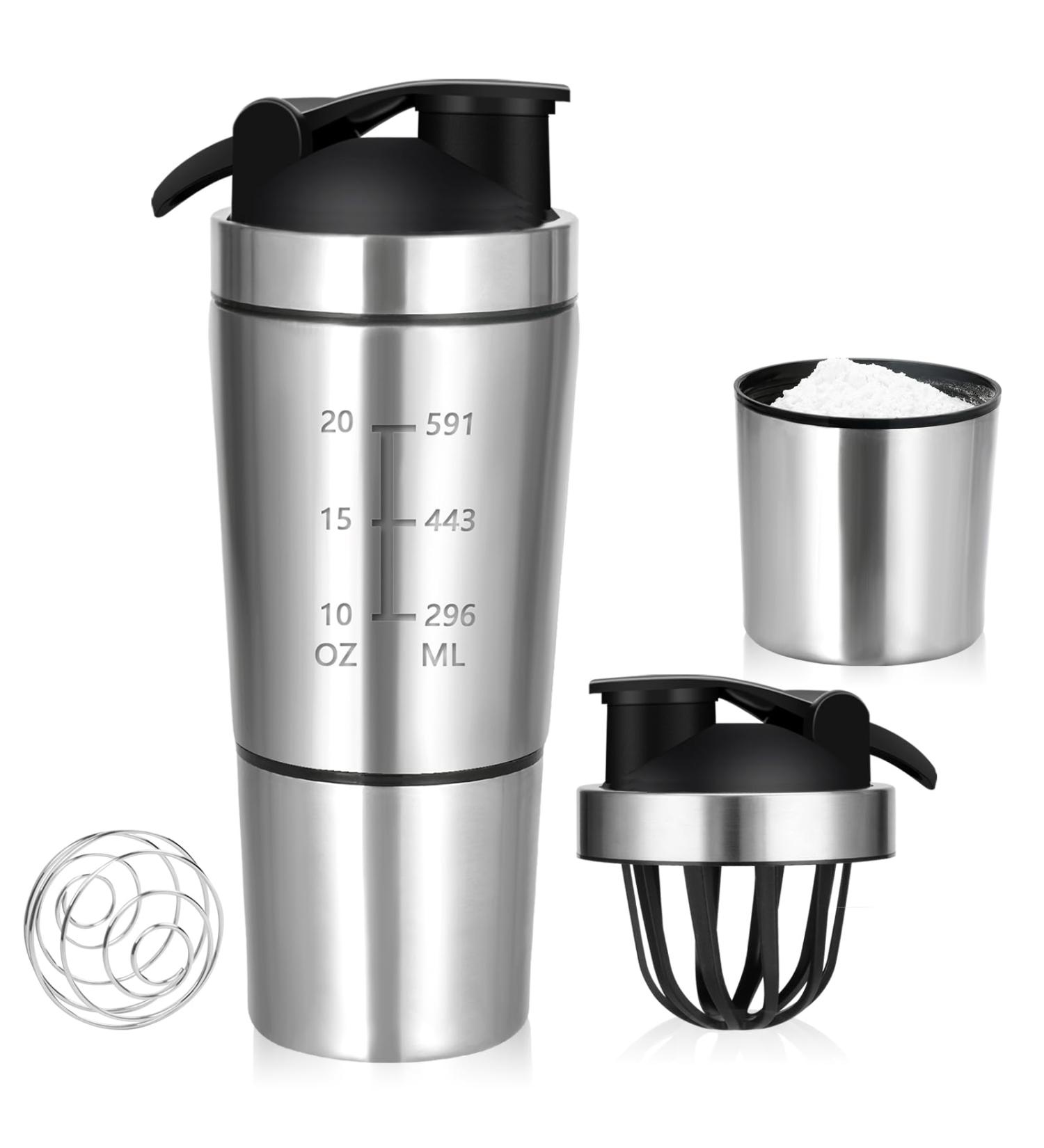 Rocky & Chao Stainless Steel Protein Shaker 700+200ml | Double Wall with Powder Compartment & Ball | Durable Fitness Shaker with Snap Lid - Buy Online on GoSupps.com