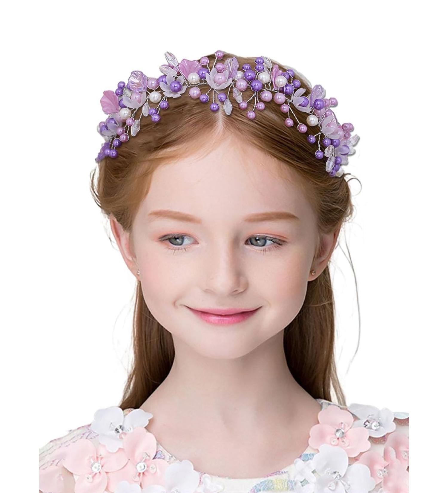 IYOU Princess Pearl Headband Purple Flower Communion Headpiece Birthday Bridal Wedding Hair Accessories for Girls - Buy Online on GoSupps.com