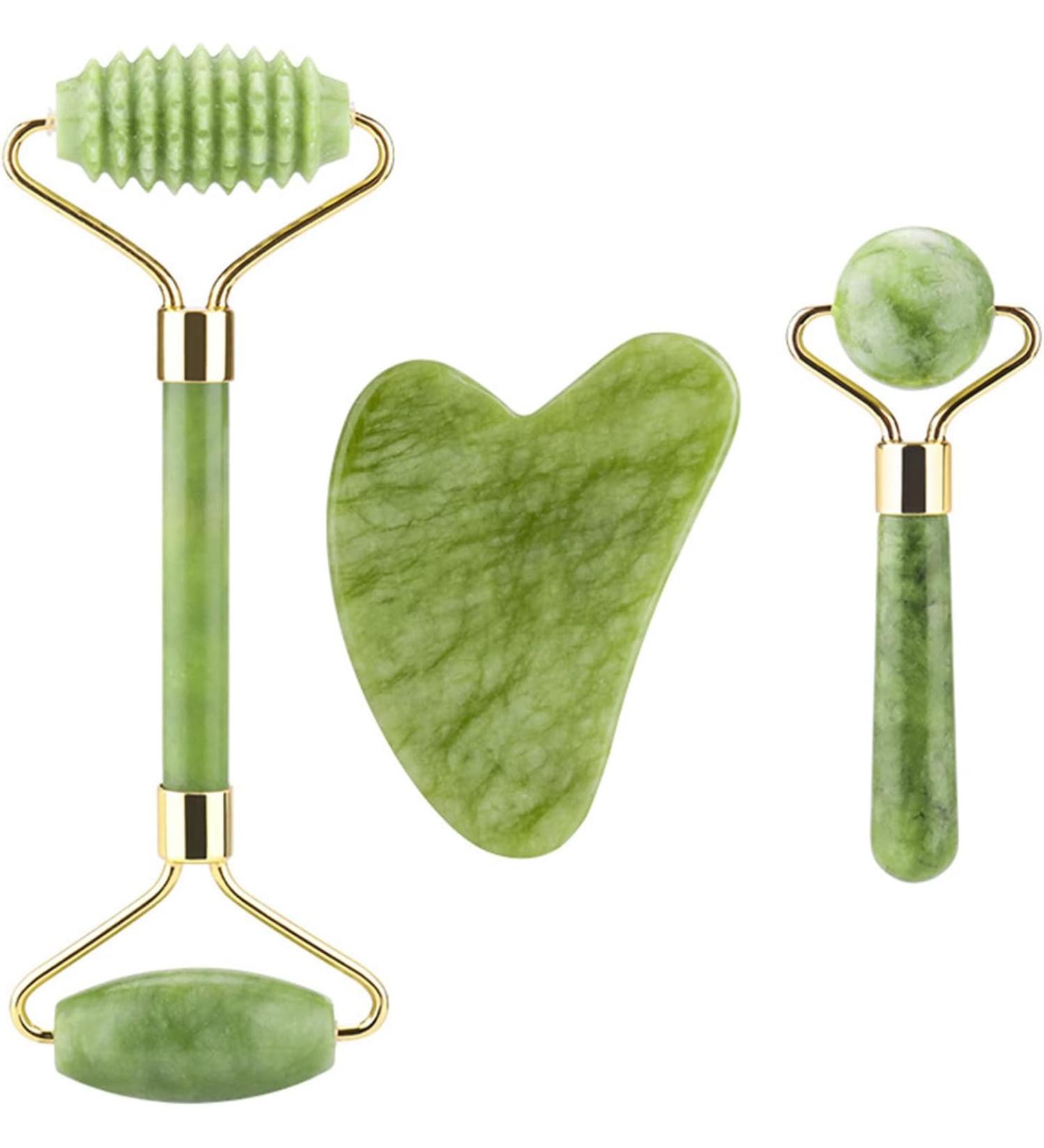 Jade Face Roller & Gua Sha Scraper Set - Skincare Massage Tool for Facial Slimming & Beauty | International Shipping - Buy Online on GoSupps.com