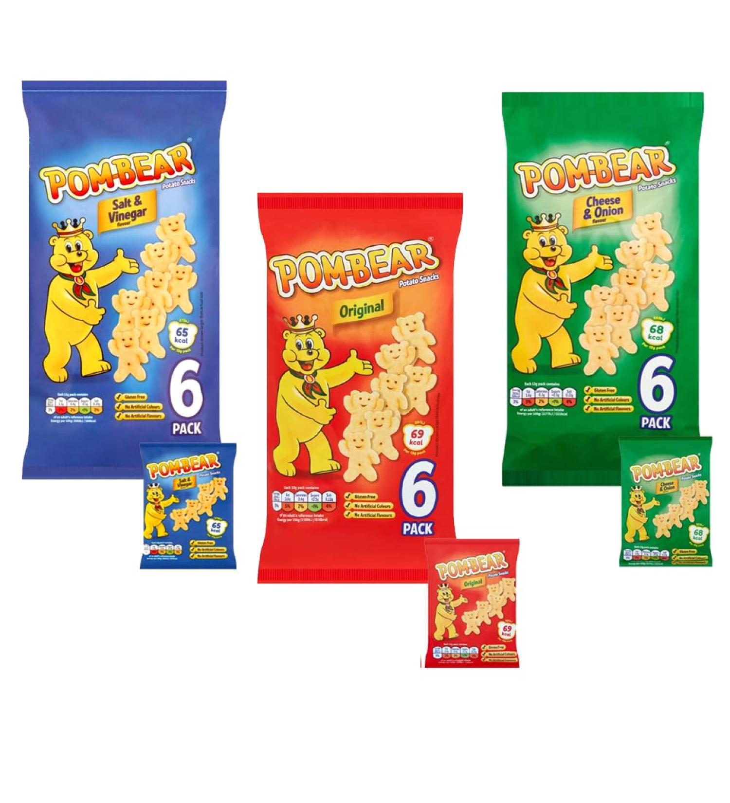 Pom-Bear Original Salt & Vinegar Cheese & Onion Crispy Chips Bags - 3 x Mixed Pom-Bear Chips Bags 120g - Buy Online on GoSupps.com