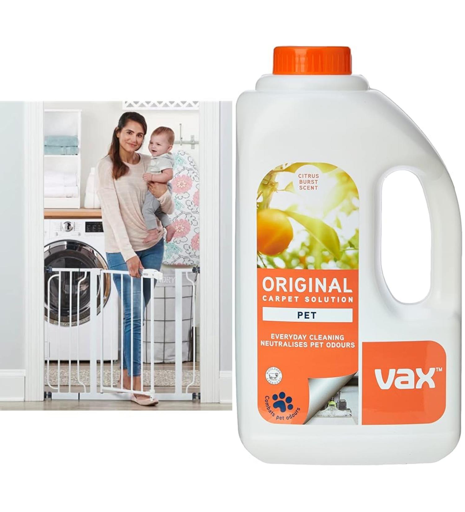 Regalo Easy Step Walk Thru Gate White Fits Spaces between 29" to 37.5" wide and 30" height. & Vax Original 1.5L Carpet Cleaner Solution | Suitable for Everyday Cleaning - Buy Online on GoSupps.com