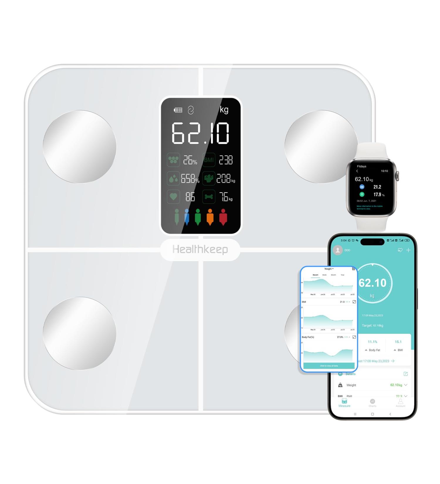 Healthkeep Body Fat Scale with Large VA Display 15 Body Datas with Heart Rate Smart Weight Scale Compatible with iOS & Android Max 400lb/180kg/28st 28cm White - Buy Online on GoSupps.com
