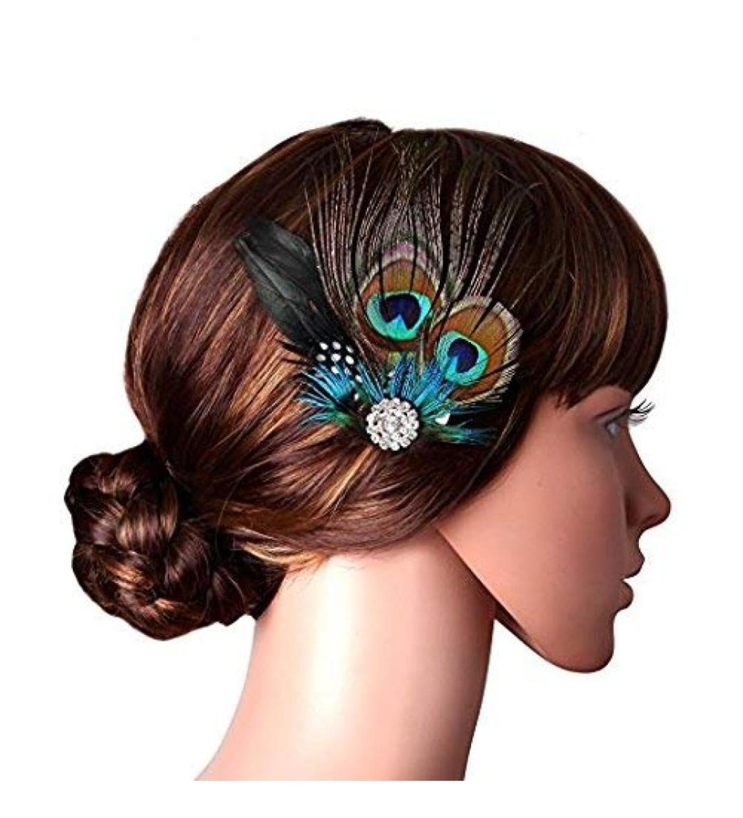 Peacock Feathers Hair Clip Natural Feather Fascinator Barrette with Sparking Rhinestone Peacock Gifts Hair Accessories for Women - Buy Online on GoSupps.com