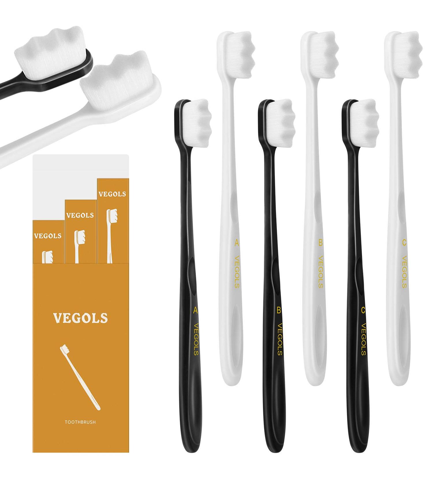 VEGOLS Adult Extra Soft Toothbrush with 20000 Bristles (Pack of 6) - Gentle Manual Toothbrush for Sensitive Gums | Black/White - Buy Online on GoSupps.com