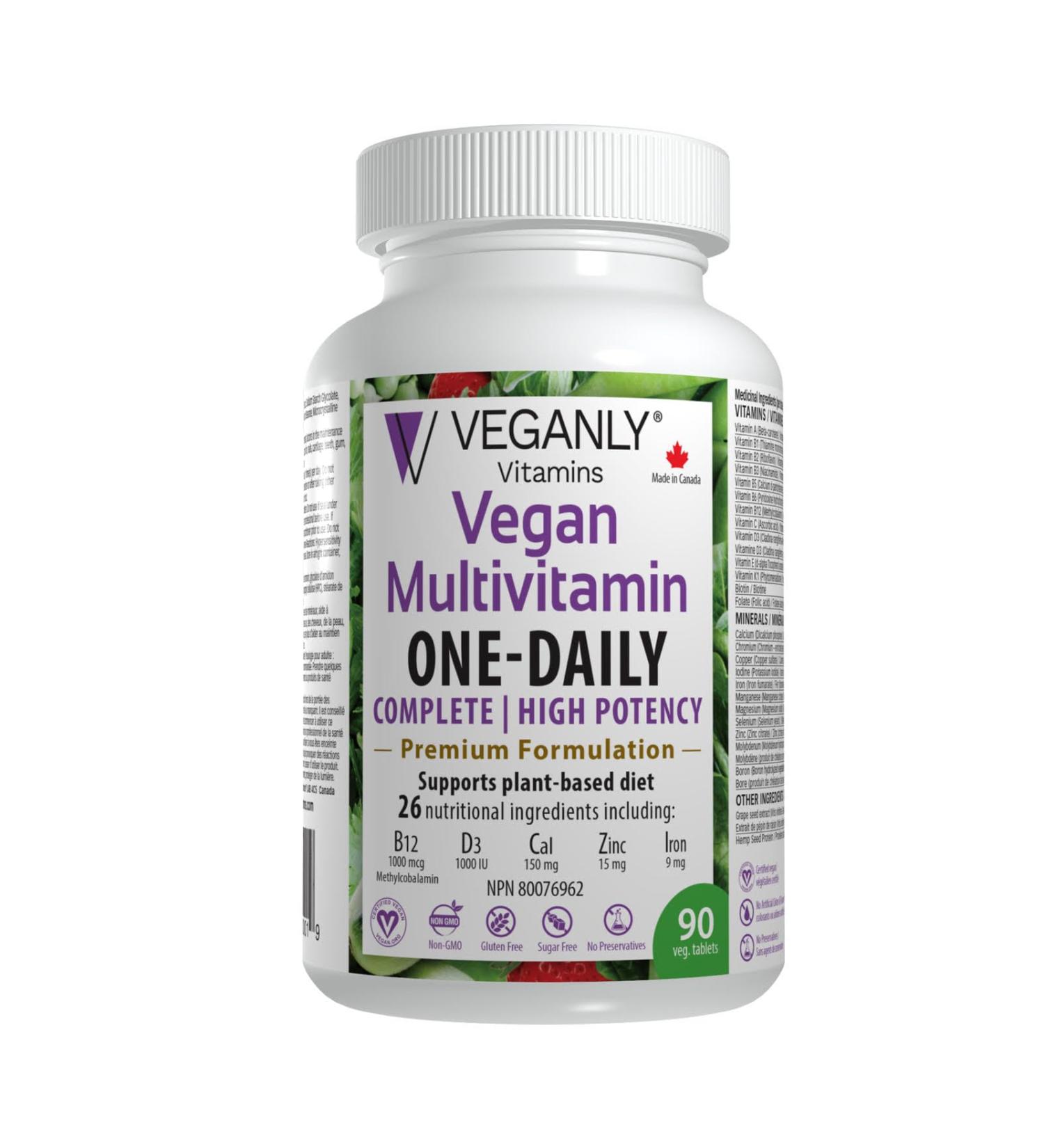 VEGANLY Vegan Multivitamin One-Daily for Plant-based Diets. 90 veg. tablets with high potency in B12 D3 Calcium Iron Zinc & more. Best for vegans and vegetarians. (NPN 80076962) - Buy Online on GoSupps.com
