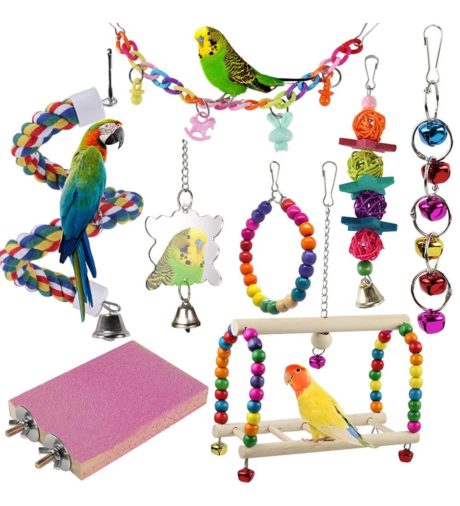 Hanging Bell Bird Cage Swing Toy Set for Small Parakeets, Cockatiels, Conures - 8Pcs Wooden Perch & Chewing Toys for Budgies, Lovebirds, Macaws | Bird Parrot Toys - Buy Online on GoSupps.com