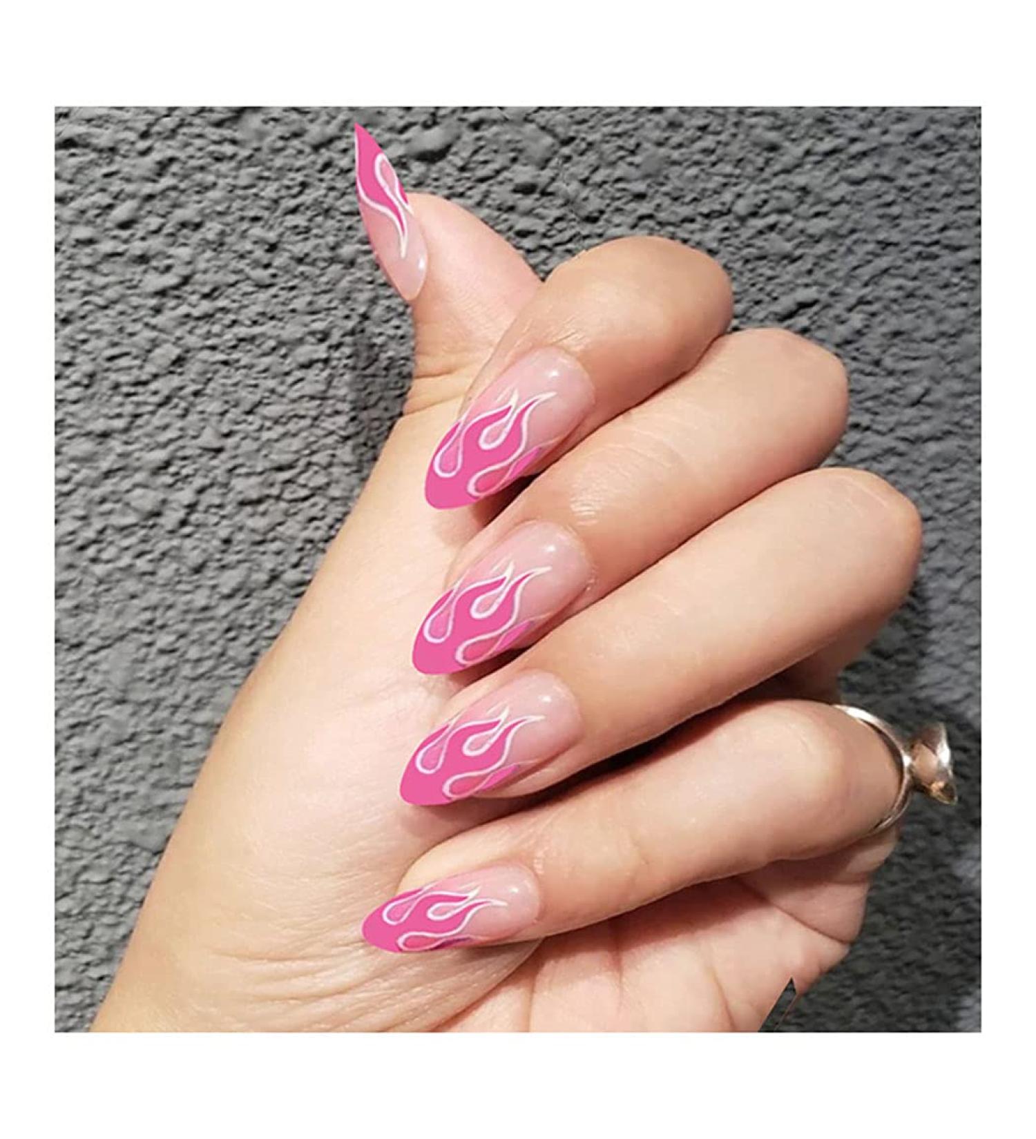 Fairvir Fashion Glossy Fake Nails Pink Flame Full Cover Aryclic Oval False Nails Party Night Club Clip Press on Nail for Women and Girls - Buy Online on GoSupps.com