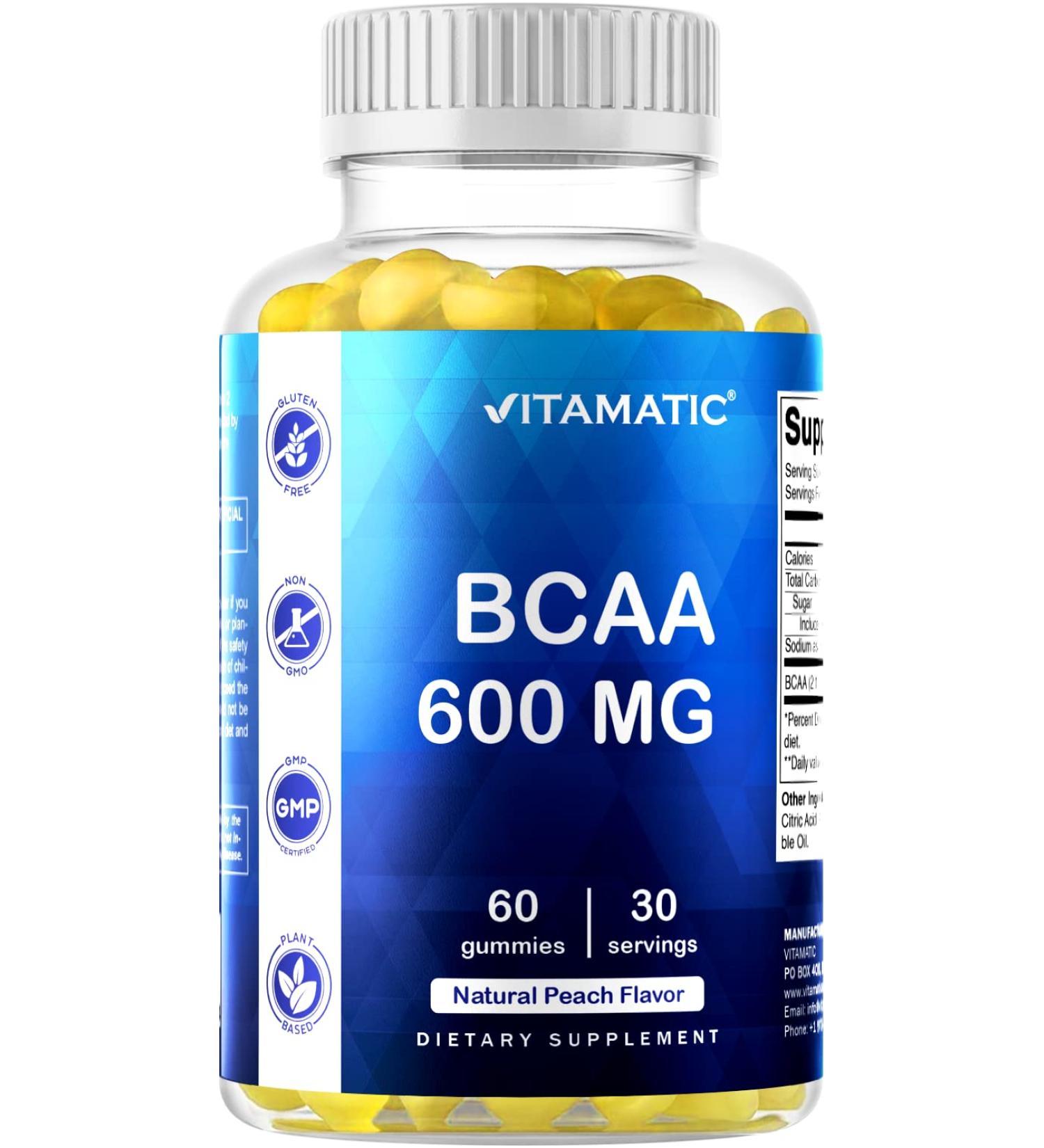 Vitamatic BCAA Gummies - Vegan Peach Amino Acid Supplements - 600mg 60 Pectin Gummies for Muscle Recovery & Endurance - Buy Online on GoSupps.com