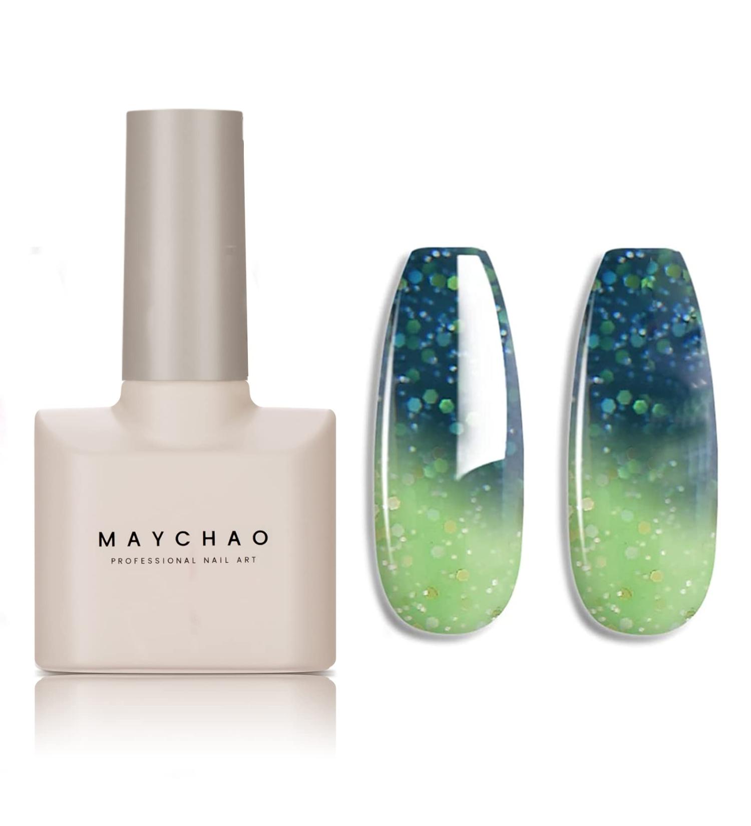 MAYCHAO 15ML Color Changing Gel Nail Polish 1Pc Ink Blue-Green Glitter Tepaerature Change Gel Polish Soak Off Nail Polish Nail Art Manicure Salon DIY Gifts at Home  0.5 OZ Green-16
