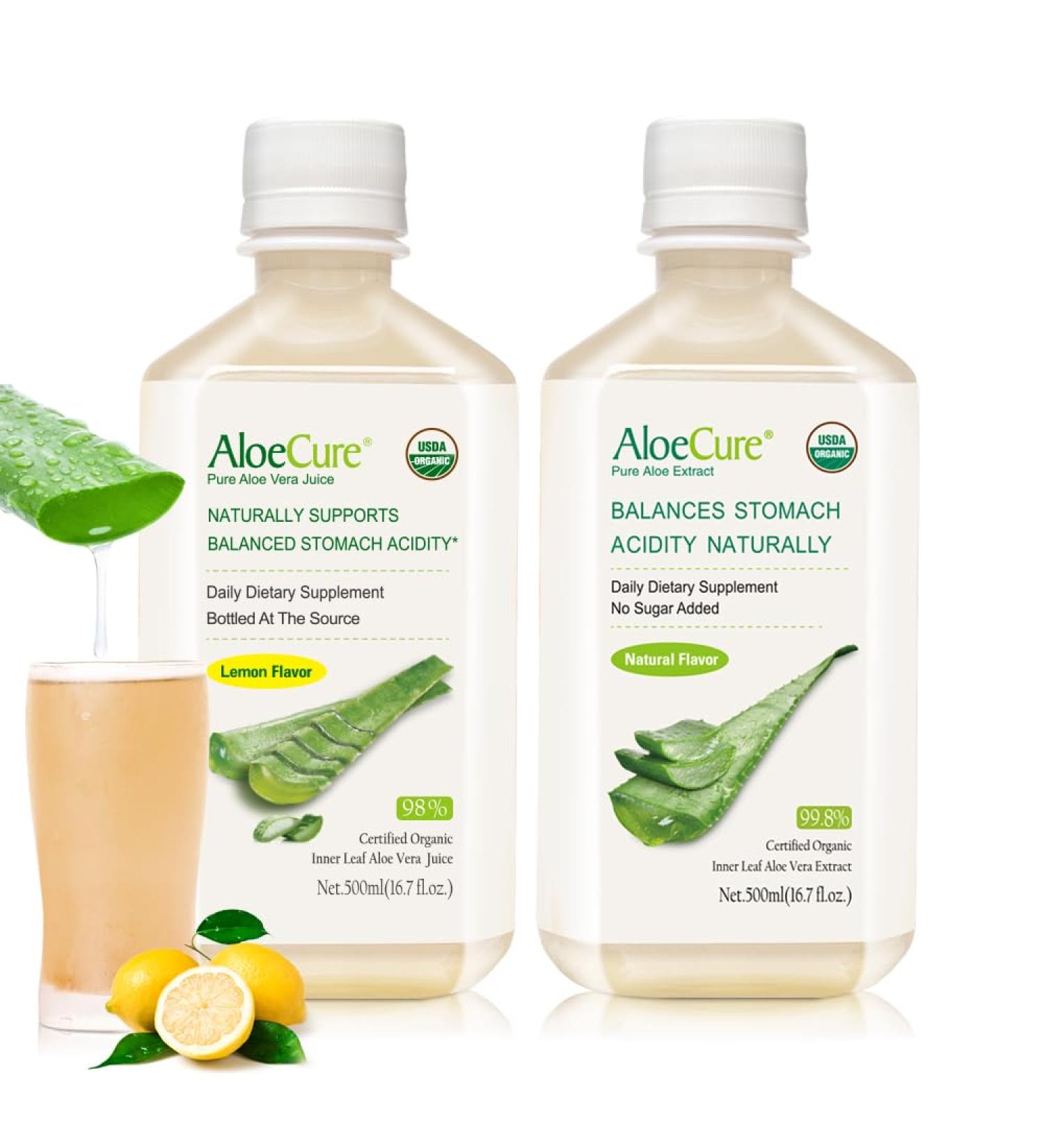 AloeCure Organic Aloe Vera Juice - 2 Bottle Sample Pack - Lemon Natural Flavor - 2x500ml - Buy Online on GoSupps.com