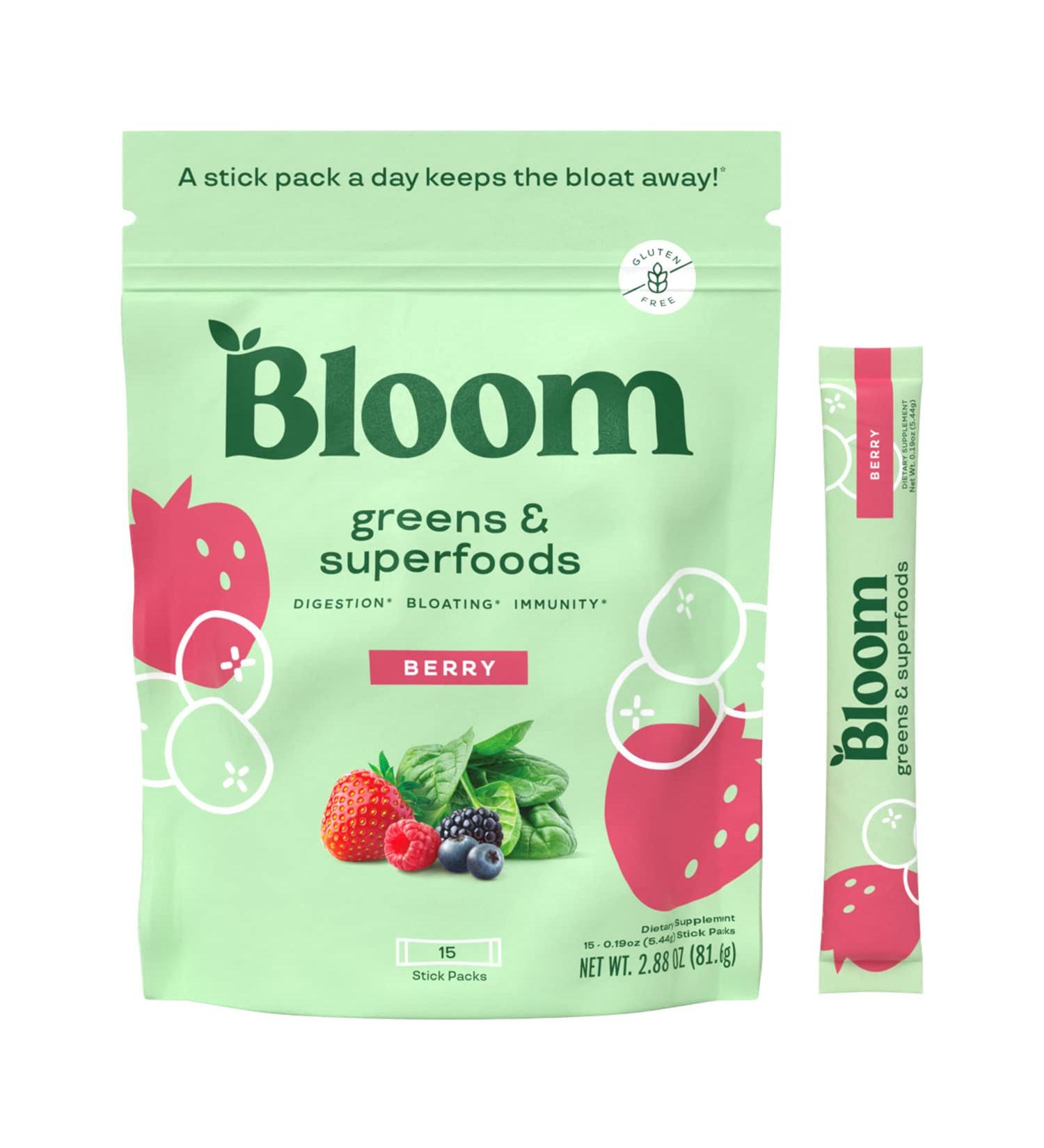 Bloom Nutrition Super Greens Powder Smoothie Mix - 15 Stick Packs with Probiotics & Digestive Enzymes - Organic Superfoods for Gut Health - Berry Flavor - Buy Online on GoSupps.com
