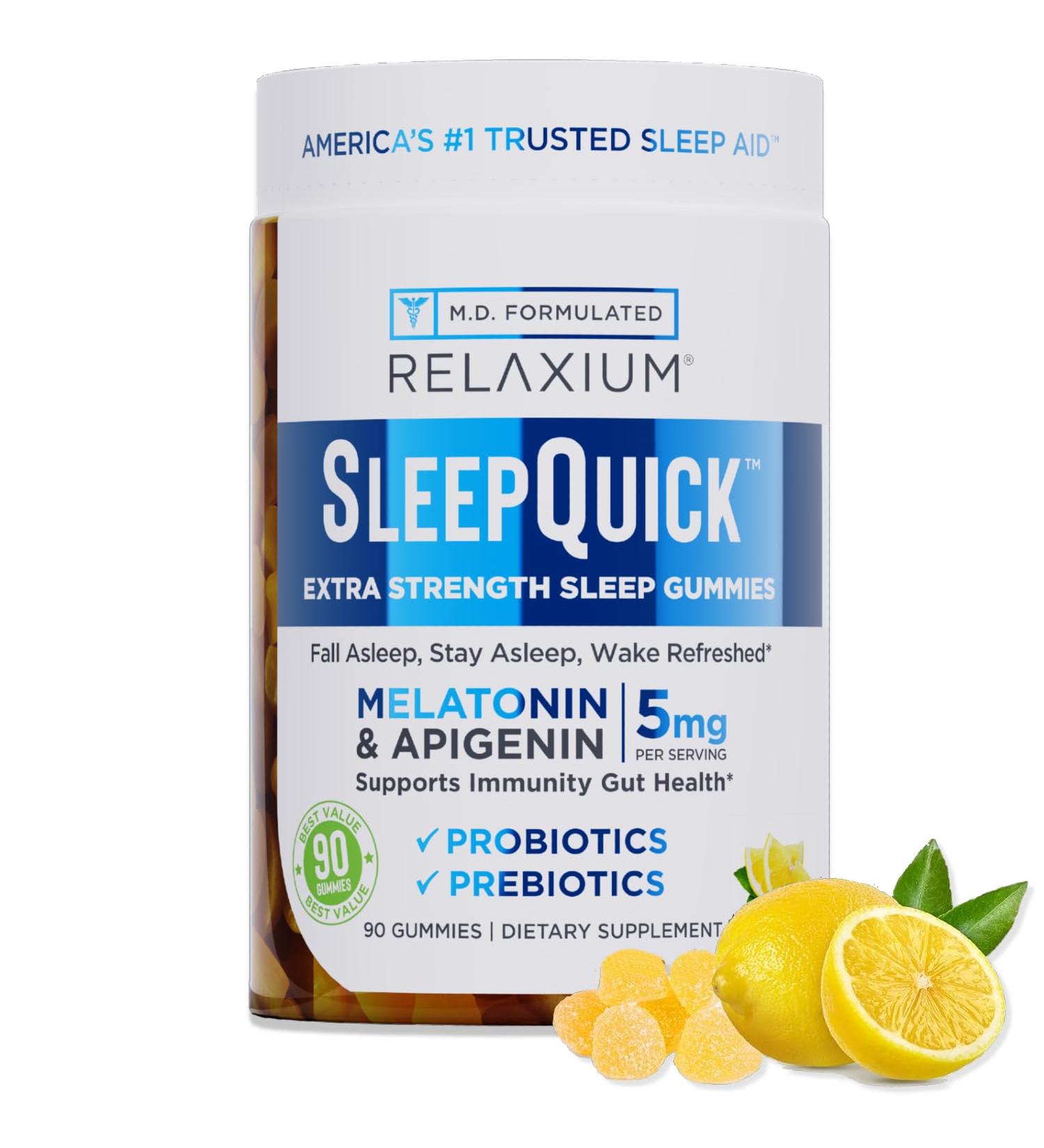 Relaxium SleepQuick Gummies - Sleep Aid + Gut Health & Immune Support 5mg Melatonin Vitamin D-3 + Prebiotic & Probiotic Blend Gluten & Drug Free Lemon Flavor 90 Gummies 90 Count (Pack of 1) - Buy Online on GoSupps.com