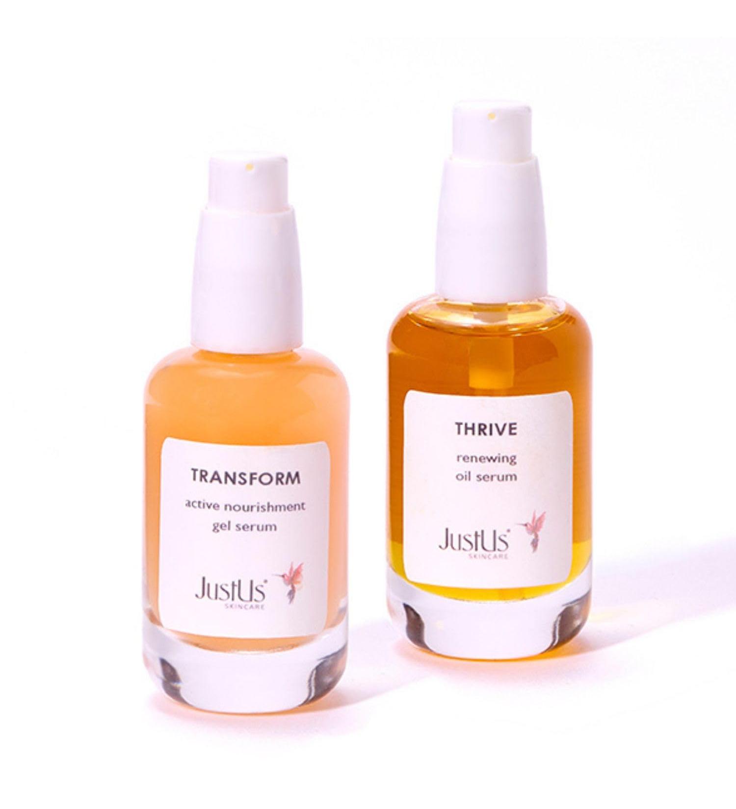 JustUs Skincare Transform Serum & Thrive Oil Duo - Anti-Aging Nourishing Hydrating - Vitamin C Hyaluronic Acid Bakuchiol - 30ml/1oz - Cruelty-Free - Buy Online on GoSupps.com