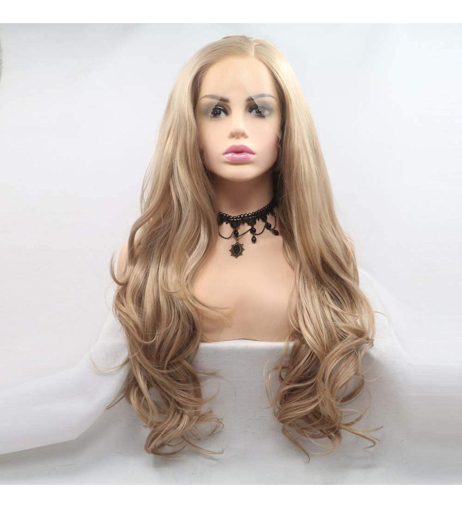 Xiweiya Blonde Synthetic Tip Front Wig for Women - 24 Long Body Wave Heat-Resistant Fiber Wig - Soft Beige Color - Buy Online on GoSupps.com