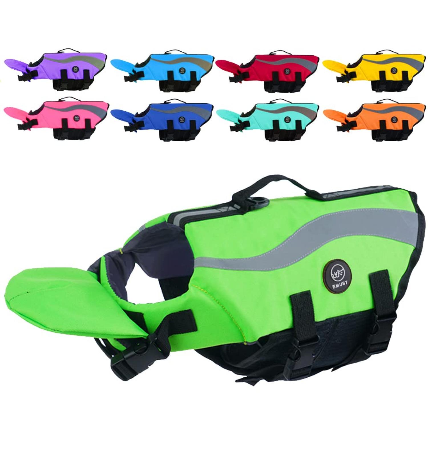 EMUST Adjustable Dog Life Jacket for Boat | High Visibility Medium Dog Life Vest | Safety Swimsuit in Green - Buy Online on GoSupps.com