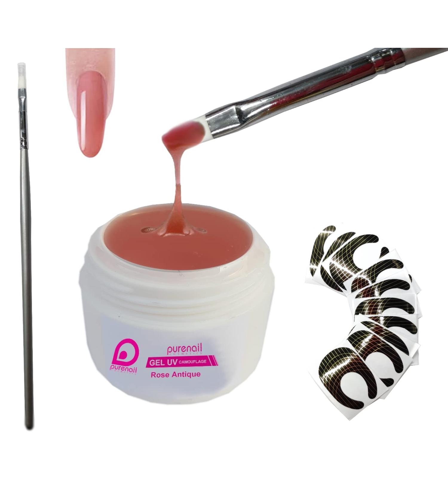 PURENAIL Purenail | 1-Phase UV Gel Camouflage Antique Rose | 15 ml | + 1 UV Gel Brush | + 10 Extension Forms | Easy Shaping | False Nails