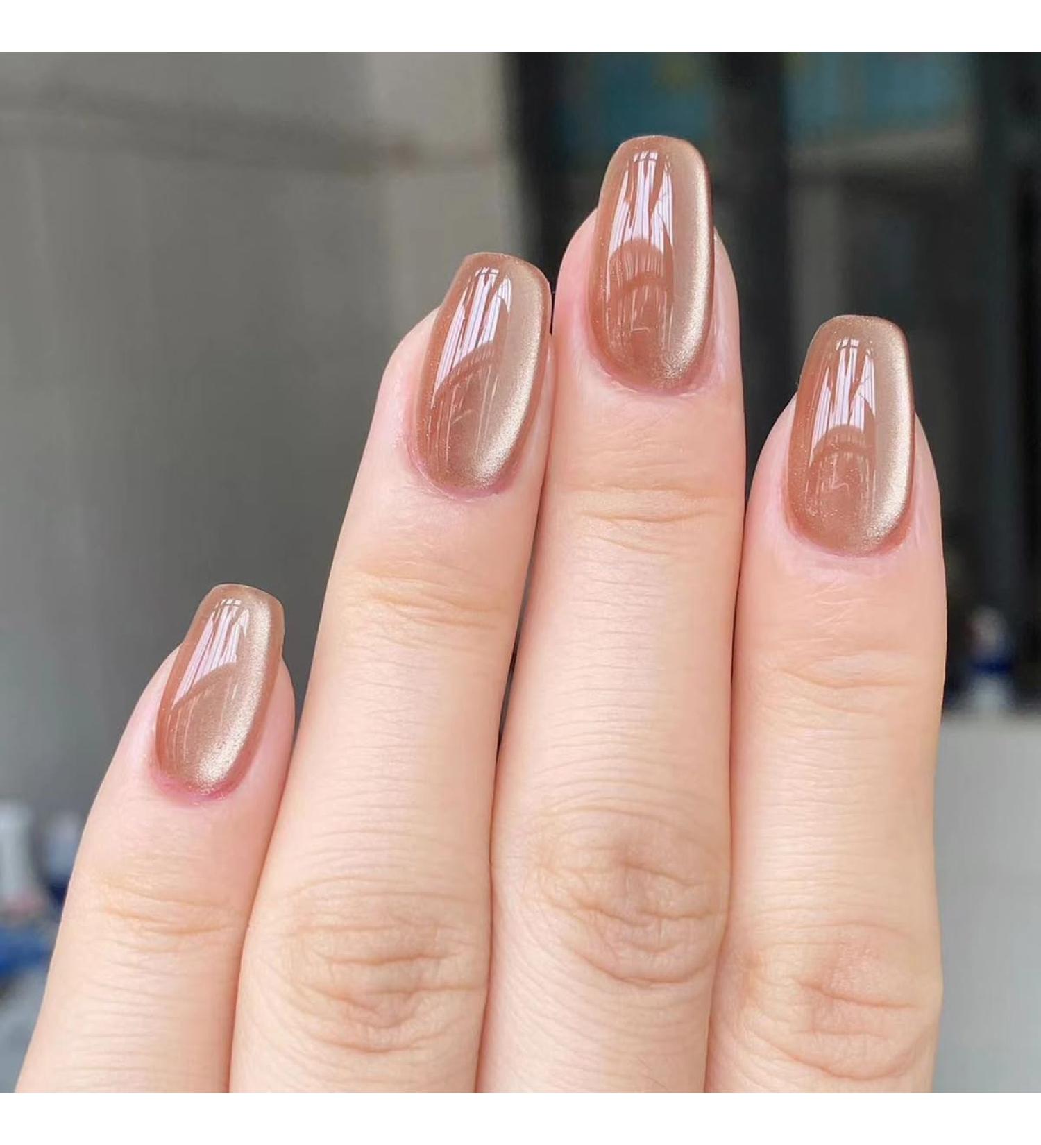 Brown Glossy Cat Eye Press-On Nails Set - 24-Pieces 12 Shapes Reusable Glue & Accessories Included - Perfect for Daily Wear & Special Occasions - Buy Online on GoSupps.com