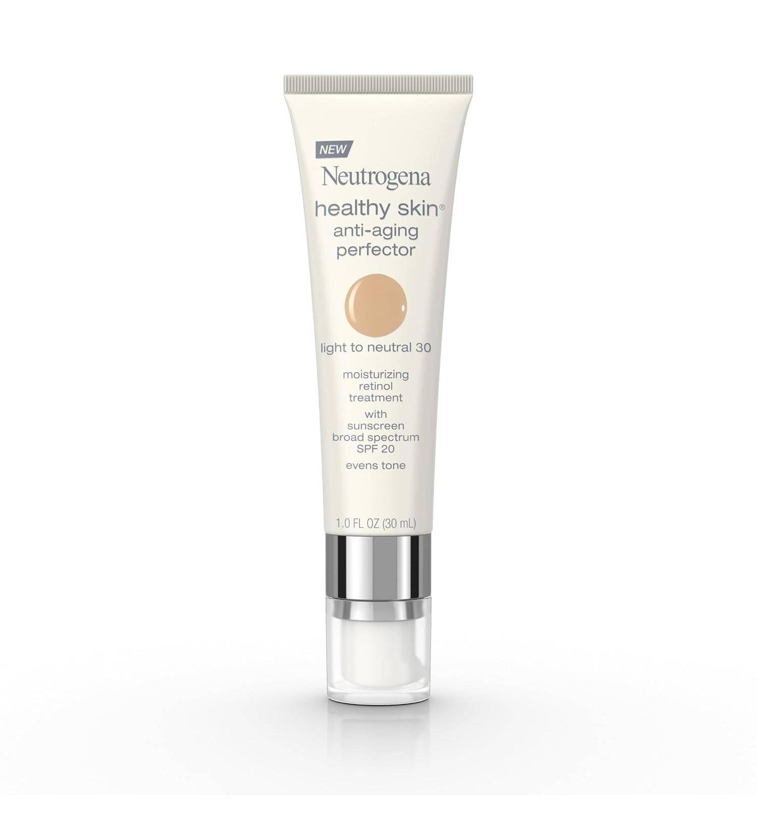 Neutrogena Retinol Treatment and Tinted Facial Moisturizer, Healthy Skin Anti-Aging Perfector with Broad Spectrum SPF 20 Sunscreen with Titanium Dioxide, 30 Light to Neutral, 1 fl. oz - Buy Online on GoSupps.com