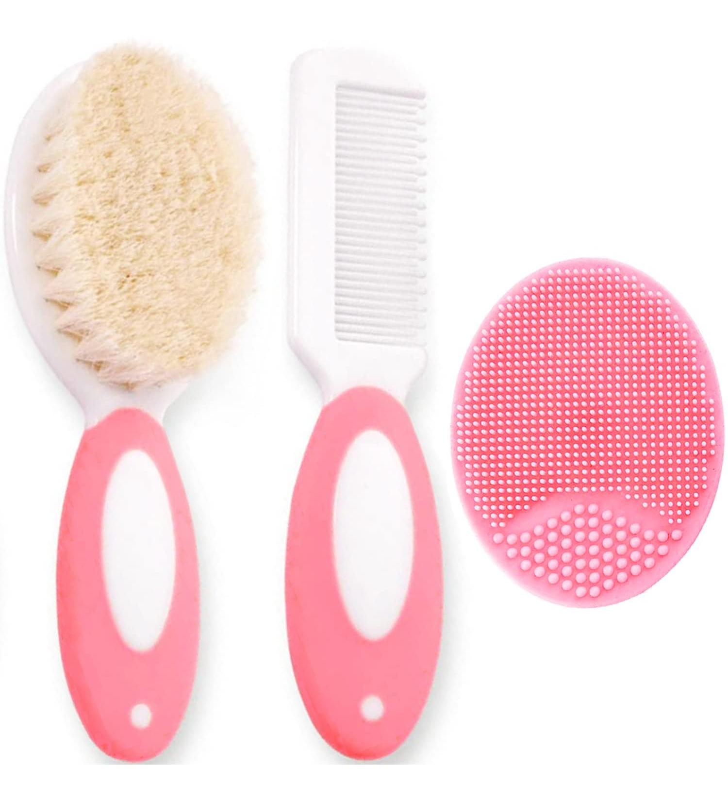 Baby Hair Brush and Comb Set for Newborns & Toddlers | Soft Goat Bristles with Silicone Cradle Cap Brush | Ideal for Cradle Cap | Perfect Baby Registry Gift - Pink - Buy Online on GoSupps.com