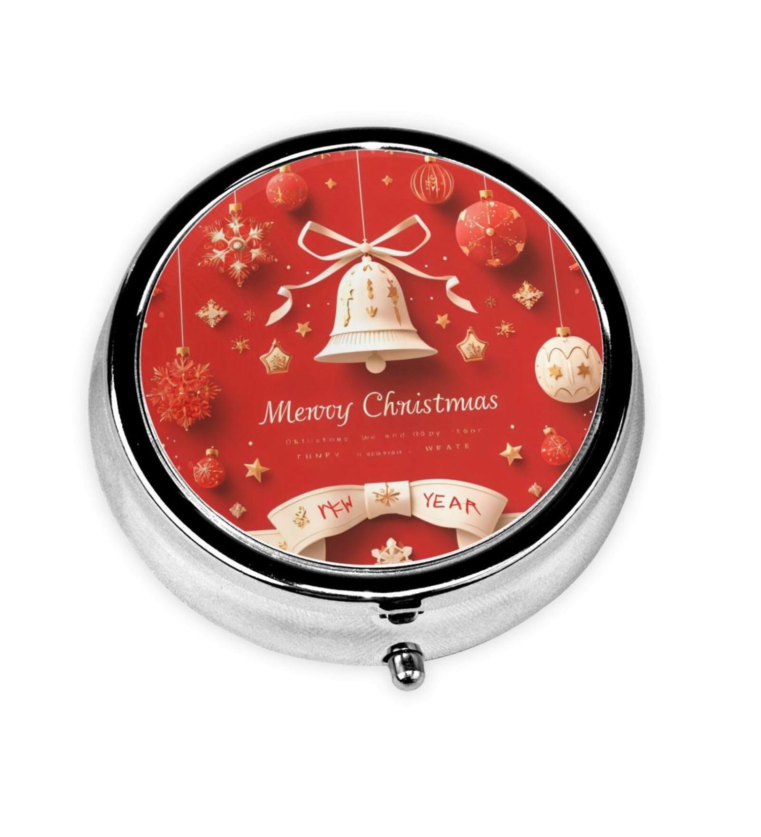 Christmas Bell Portable Metal Pill Box - Round Mini 3-Compartment with Hinged Fastening Design for Travel - Perfect for Small Pills - Black - Buy Online on GoSupps.com