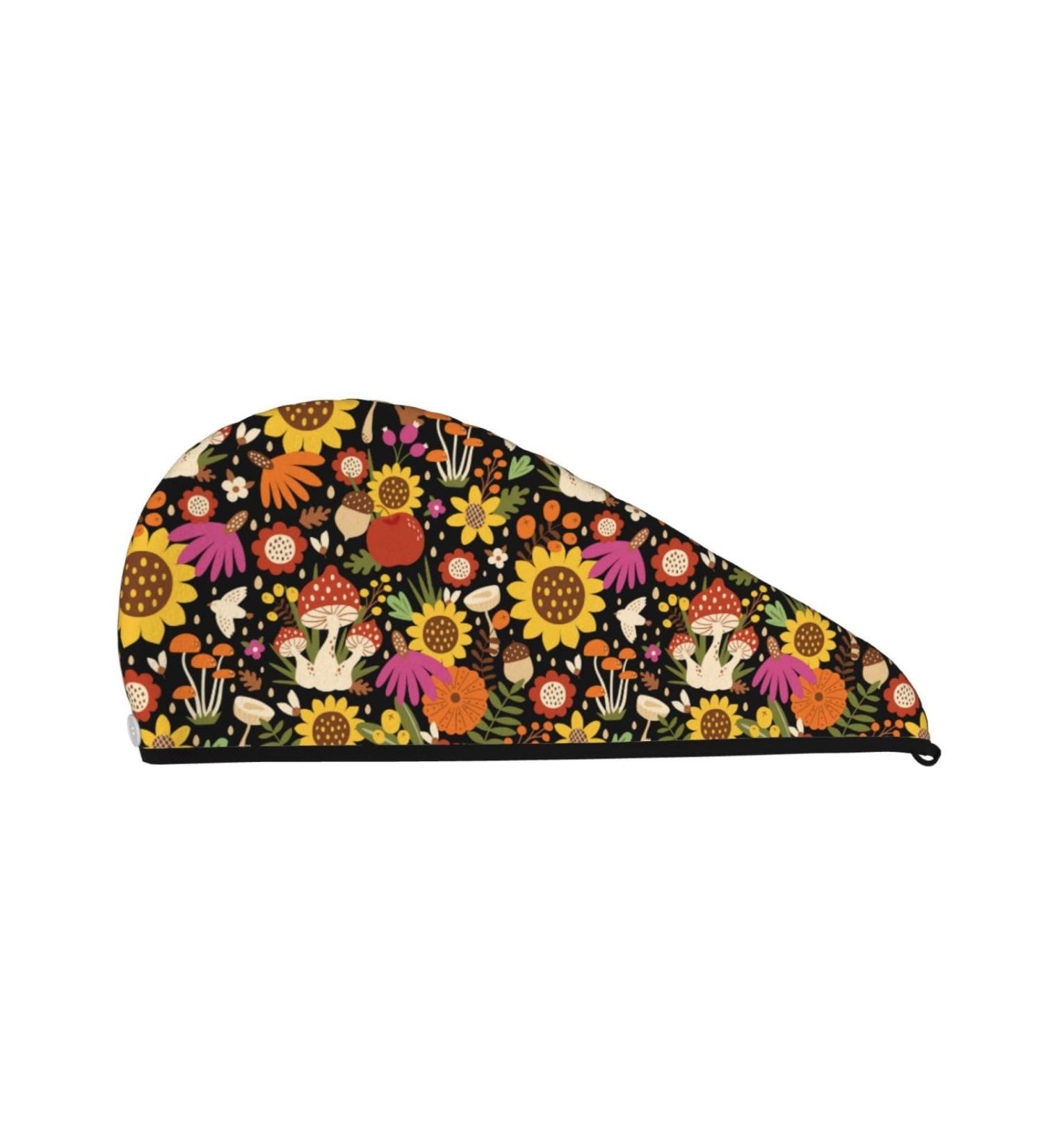 Hair Towel Wrap - Quick Drying Hair Turban with Button | Sunflowers & Mushrooms Design - Buy Online on GoSupps.com