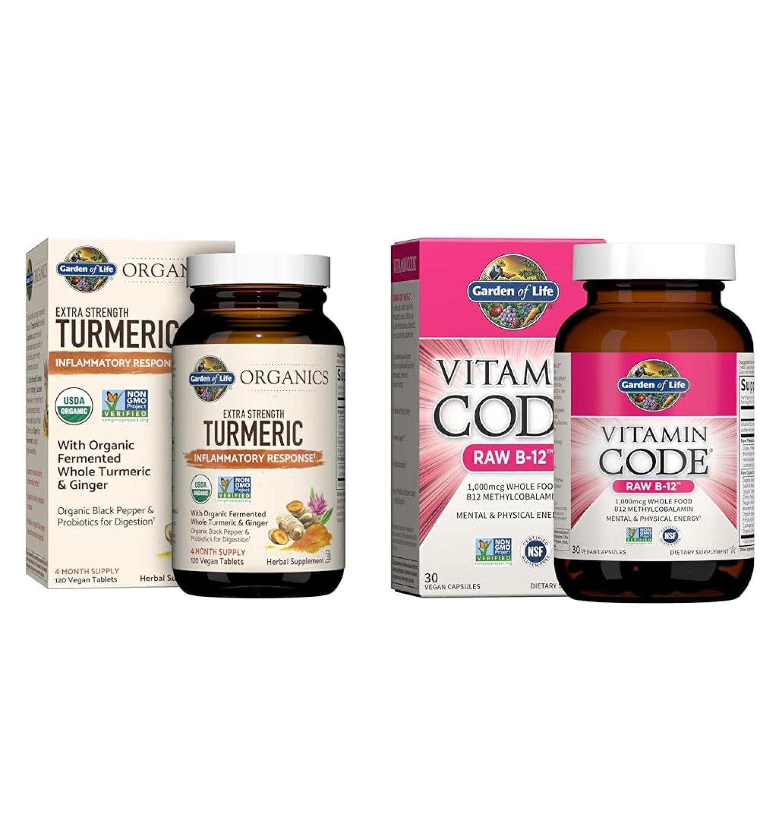 Garden of Life Organics Extra Strength Turmeric Inflammatory Response 120 Tablets-100Mg Curcumin B12 - Vitamin Code Raw - 30 Capsules 1 000mcg Methylcobalamin Vegan Gluten Free Supplements Bundle - Buy Online on GoSupps.com