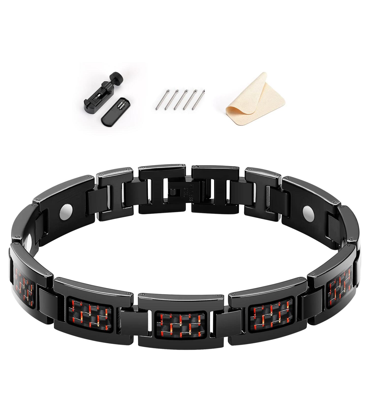 Meciam Magnetic Therapy Carbon Fiber Titanium Bracelet | Pain Relief for Arthritis | Adjustable Length | Red - Buy Online on GoSupps.com