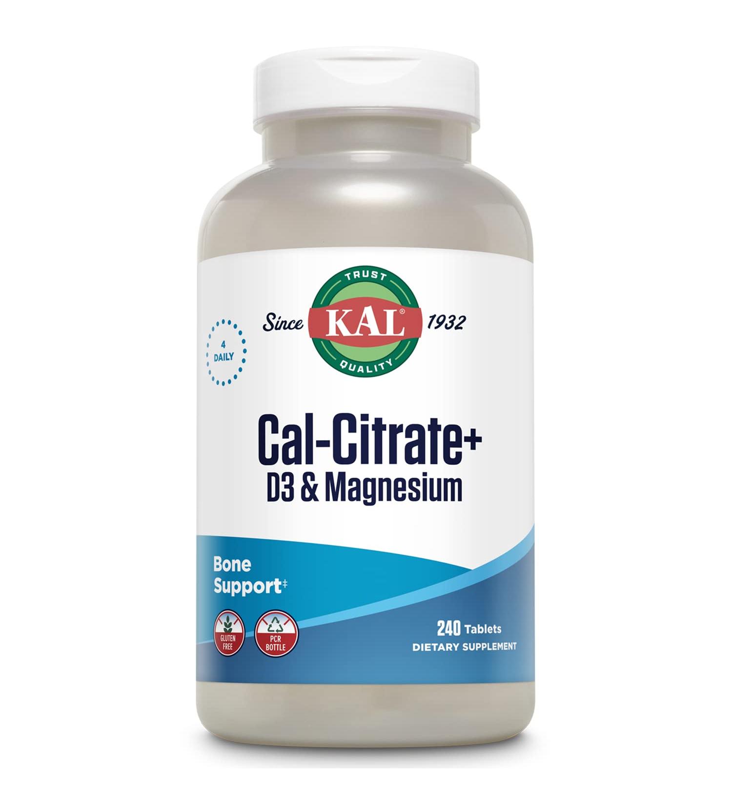 KAL Cal-Citrate+ 240 Tablets | Calcium Citrate, Vitamin D-3, Magnesium | Healthy Bones & Teeth Support | Gluten Free | Lab Verified | 60 Servings - Buy Online on GoSupps.com