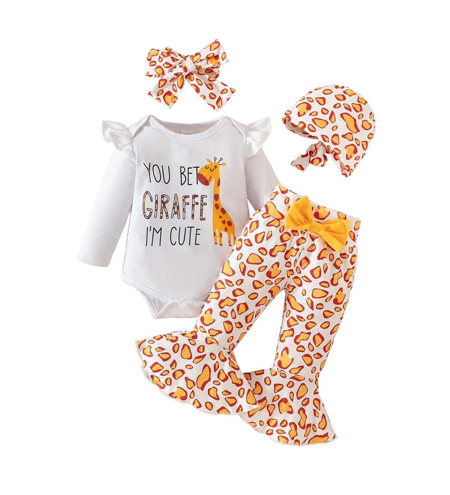Baby Girls Cow Print Ruffled Long Sleeve Tops and Pants Set - 9-12 Months | Infant Clothing Outfit with Gifts | White Giraffe Design - Buy Online on GoSupps.com
