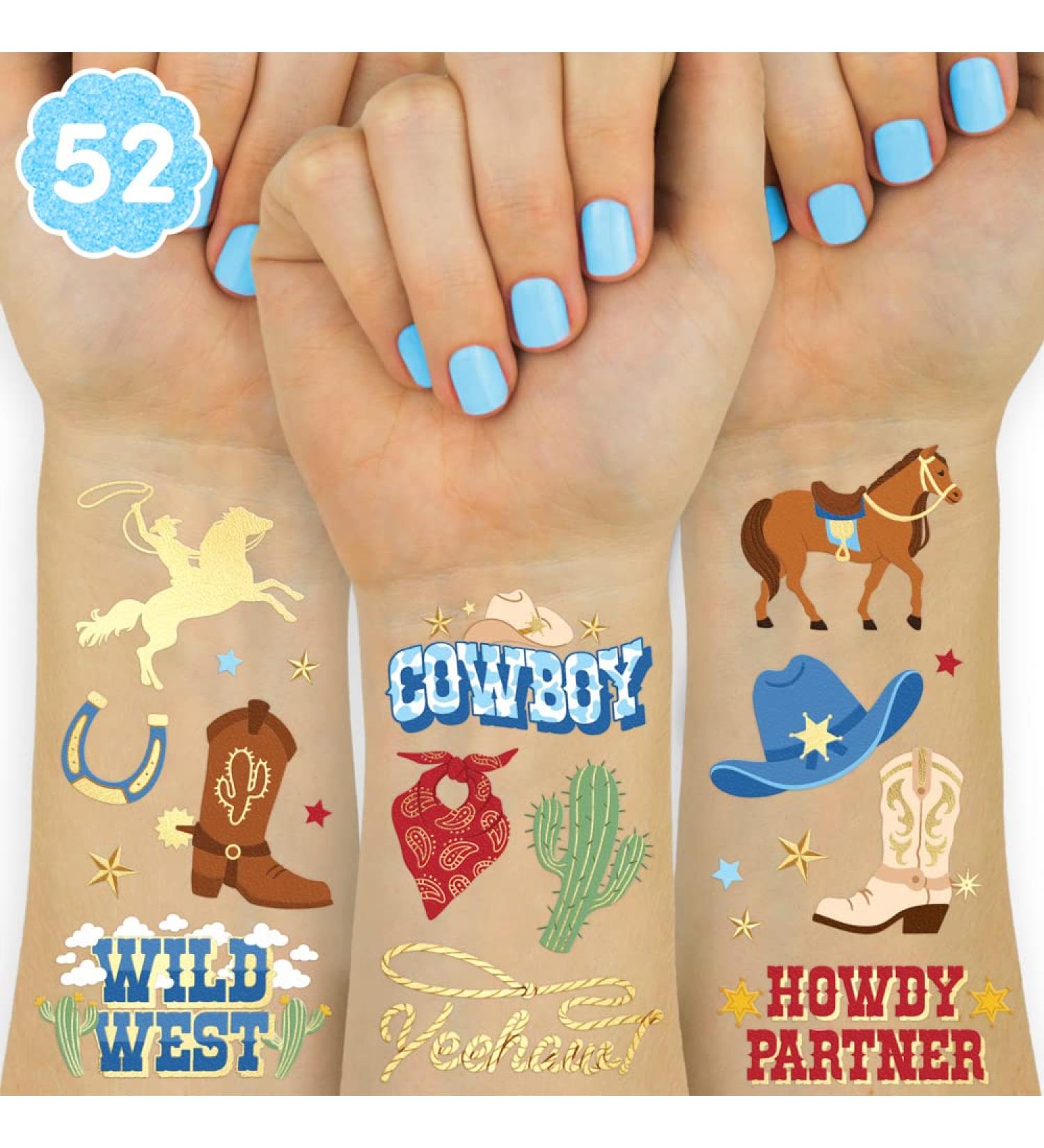 XO Fetti Cowboy Temporary Tattoos for Kids - 52 Foil Styles for Rodeo Birthday Party Favors and Western Baby Shower Decorations - Buy Online on GoSupps.com