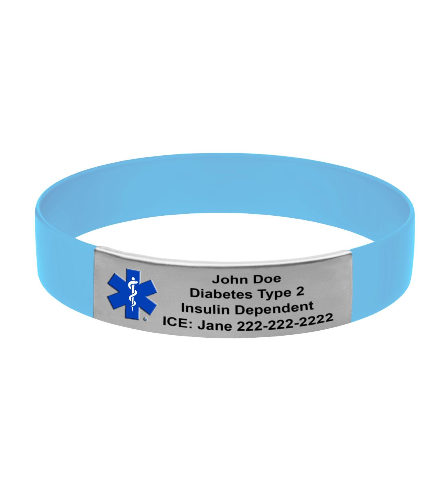 Personalized Medical Alert Bracelet - Light Blue Silicone Wristband with Star of Life Engraving & Emergency Card | International Shipping - Buy Online on GoSupps.com