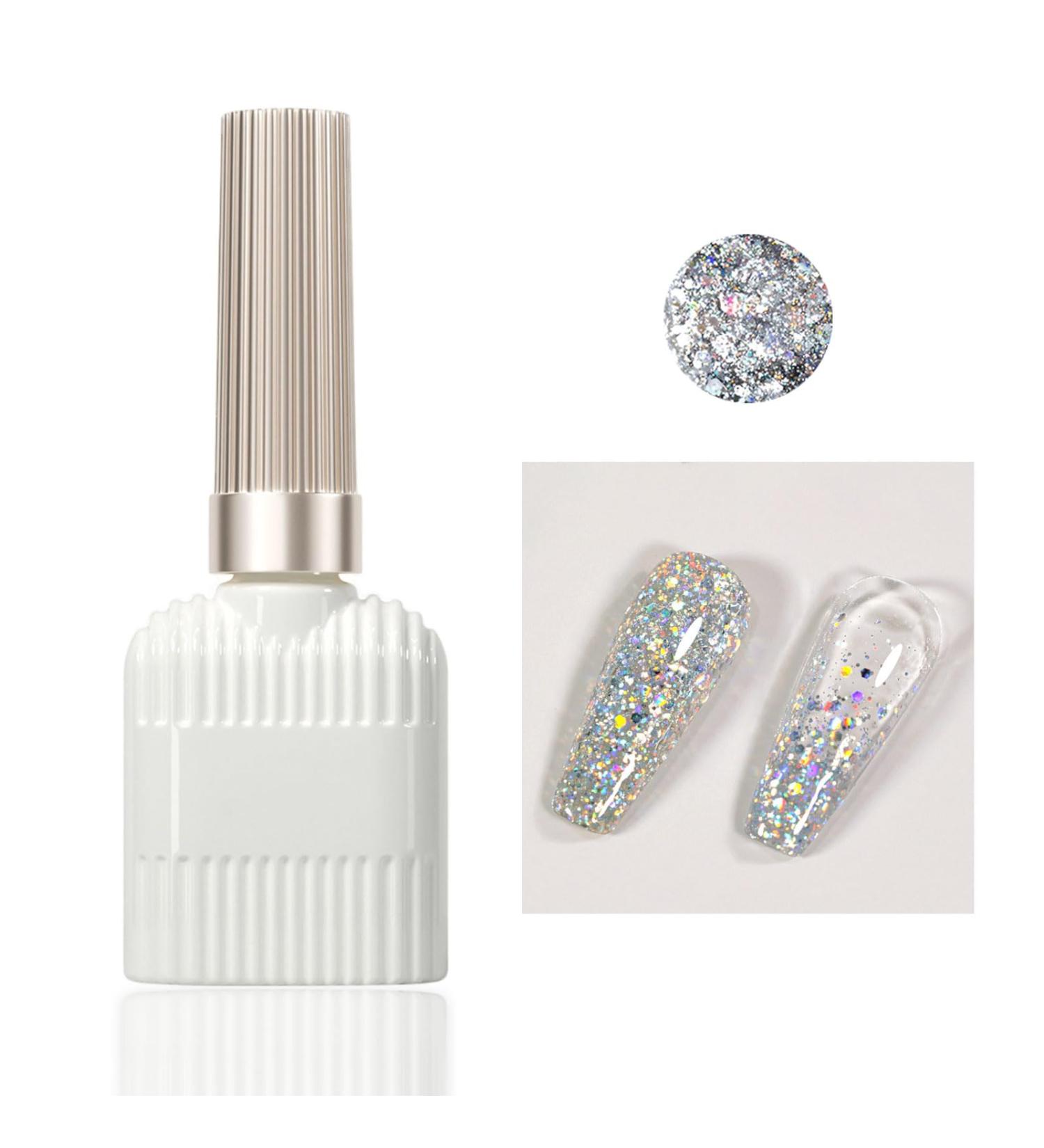 Glitter Gel Nail Polish Silvery Holographic Soak Off UV Gel Nail Varnish Metallic Sparkly Long Lasting Chip-resistant Birthday Gift for Women Diamond Shiny Finish Gel Polish 15ml - Buy Online on GoSupps.com