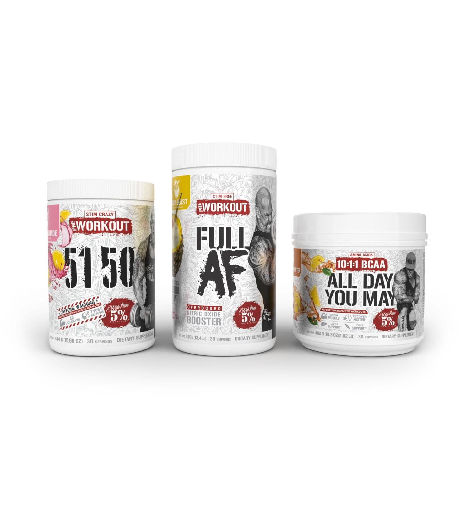5% Nutrition Rich Piana 3-Stack | 5150 High-Stim Pre-Workout + FullAF Stim-Free Pre-Workout + AllDayYouMay Amino Acids BCAAs (Choose Your Flavors) 5150 + FullAF + ADYM - Buy Online on GoSupps.com