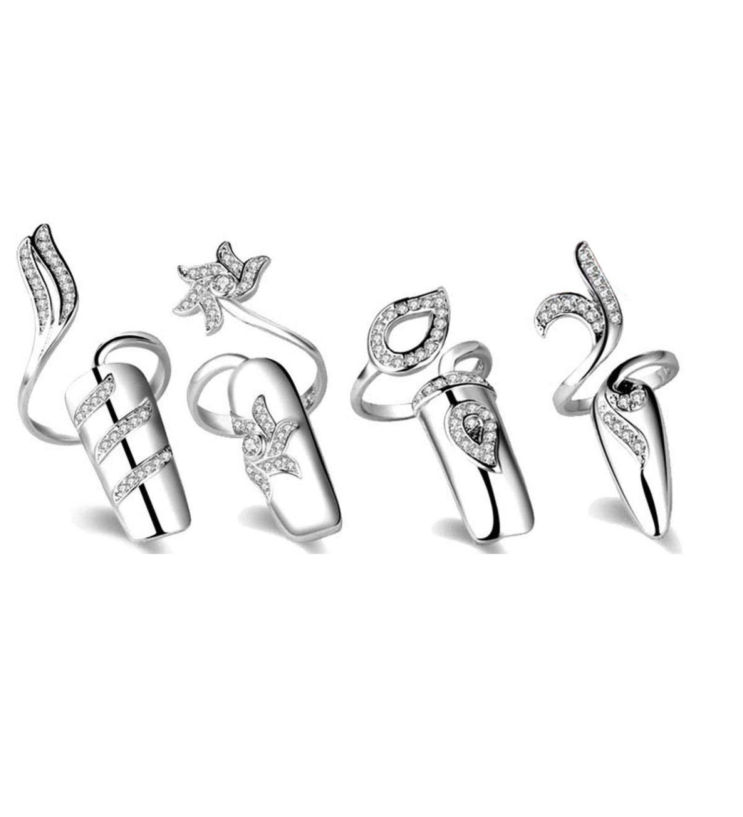 4 PCS Rhinestone Finger Tip Nail Rings - Adjustable Opening Nail Art Charms in Silver Women's Fashion - Buy Online on GoSupps.com