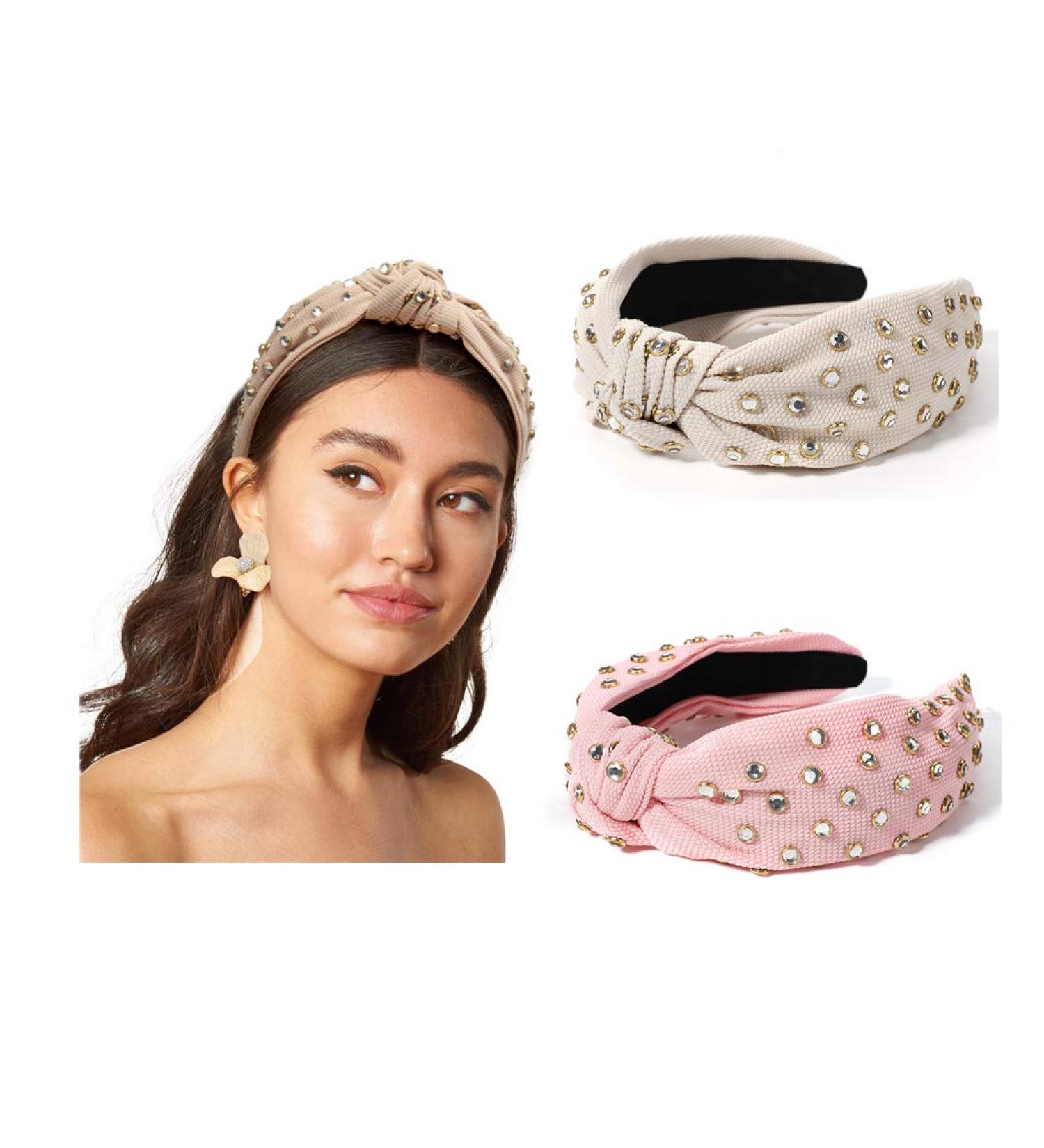 Rhinestone Top Knot Pearl Knotted Headbands - 2PCS Wide Band Fashion Hair Hoop for Women | Vintage Hairband Style - Buy Online on GoSupps.com