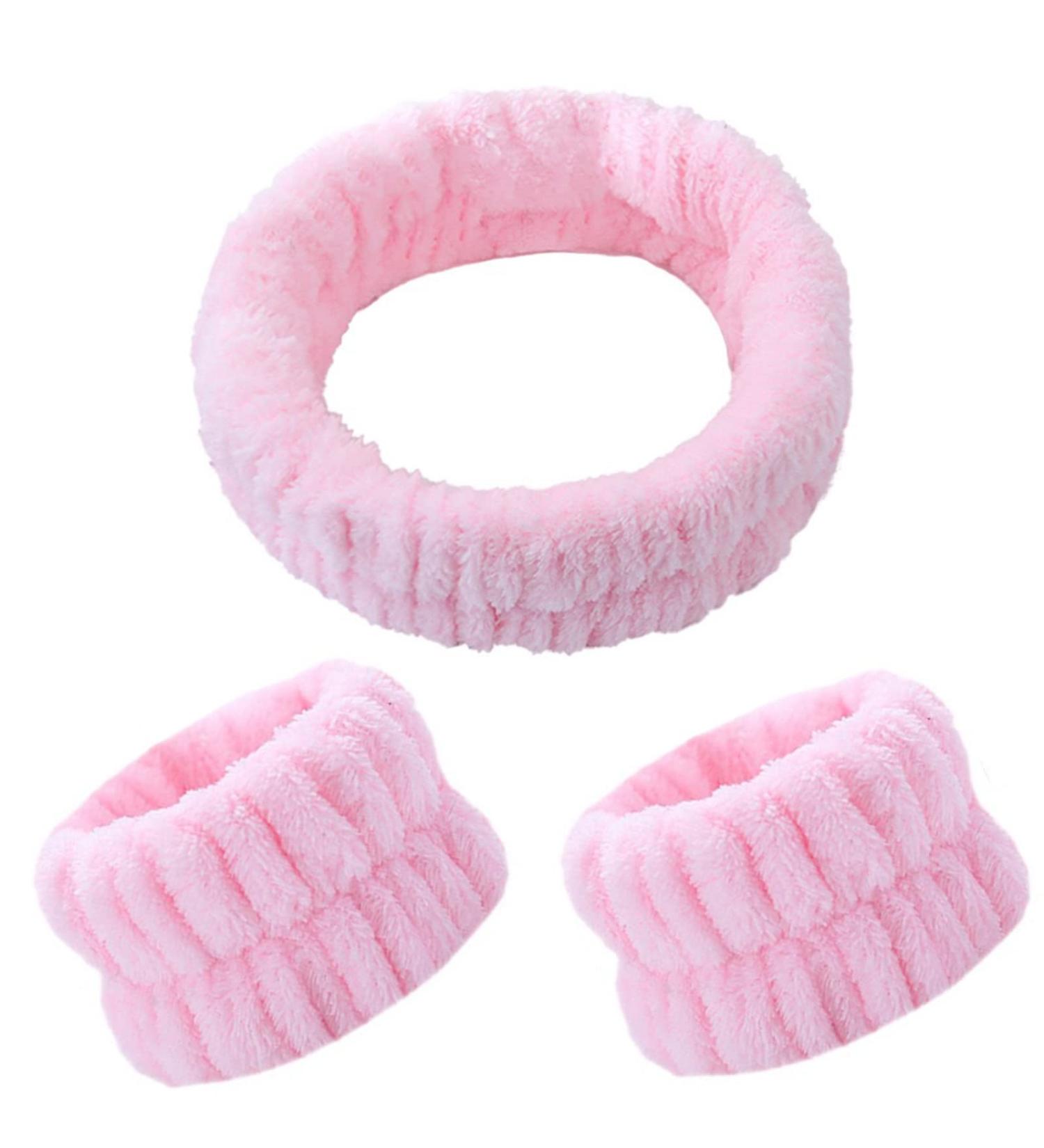 Microfiber 3pcs Face Wash Headband and Wristband Set for Skincare - Pink - Buy Online on GoSupps.com