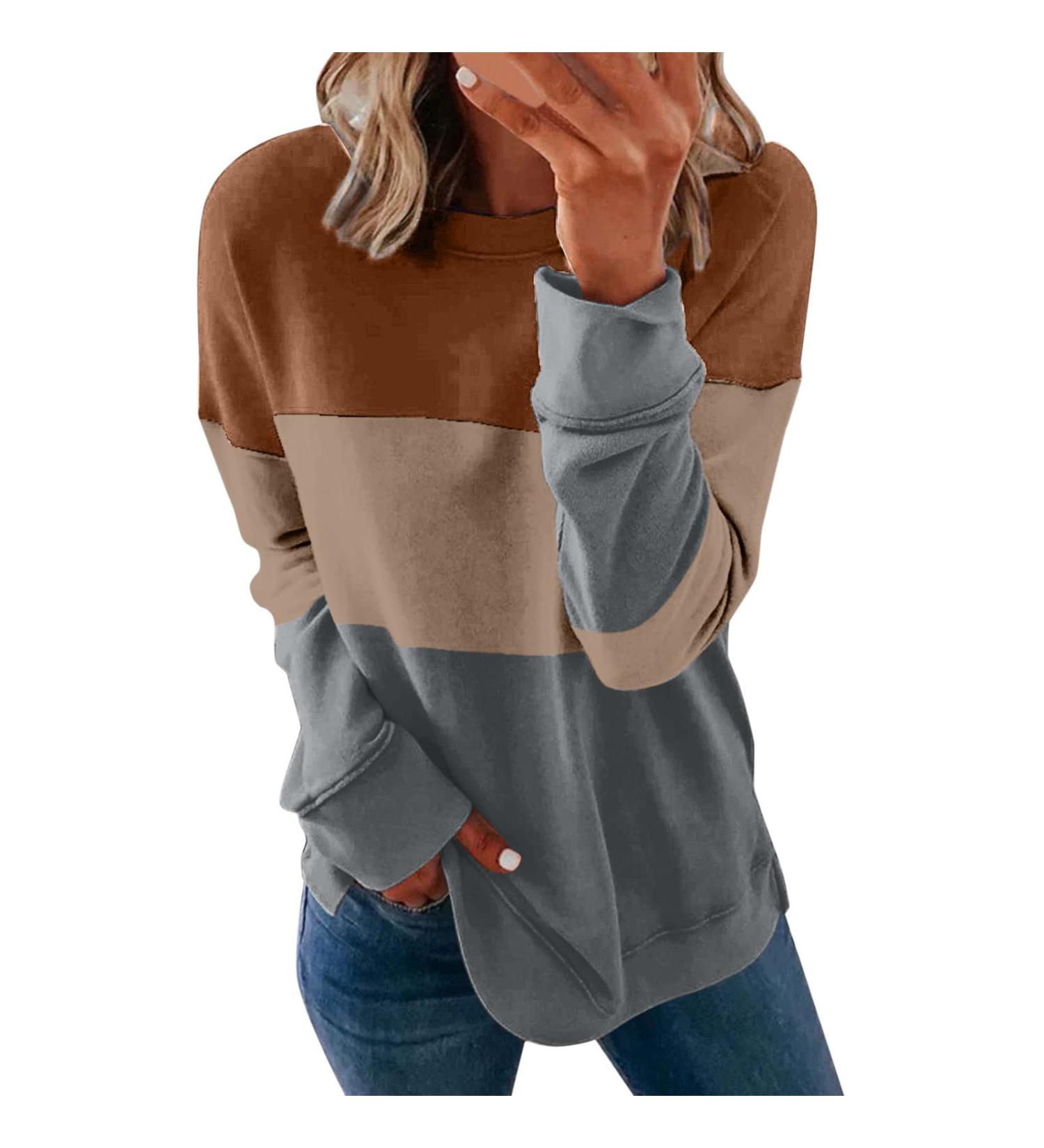 Women's Long Sleeve Crewneck Sweatshirt - Zip Up Striped Loose Top in D-coffee, XL - Buy Online on GoSupps.com