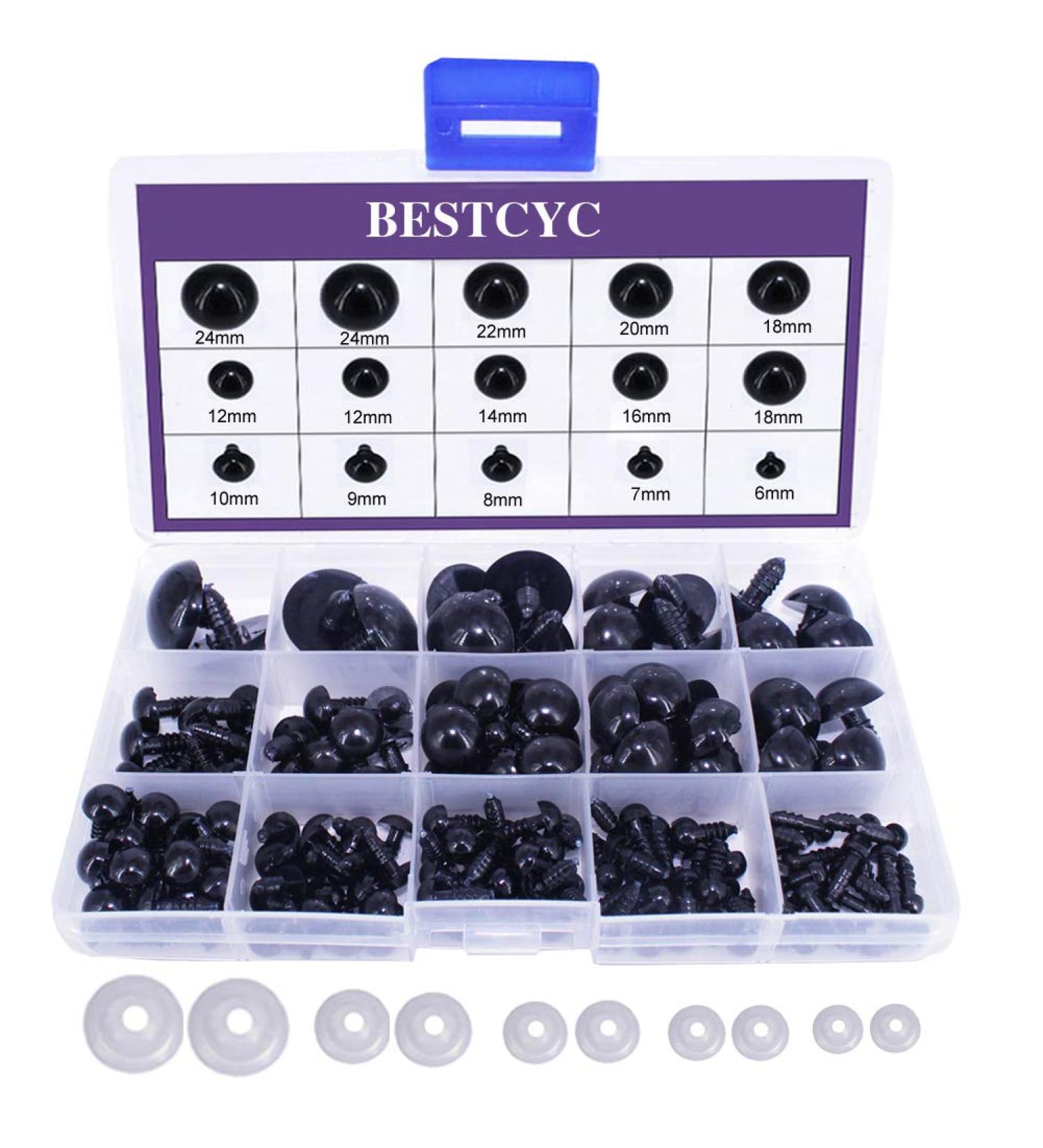 154pcs Black Solid Plastic Safety Eyes with Washers for DIY Crafts - Teddy Bear Dolls, Plush Animals, Puppets - 1Box - 12 Sizes - Buy Online on GoSupps.com