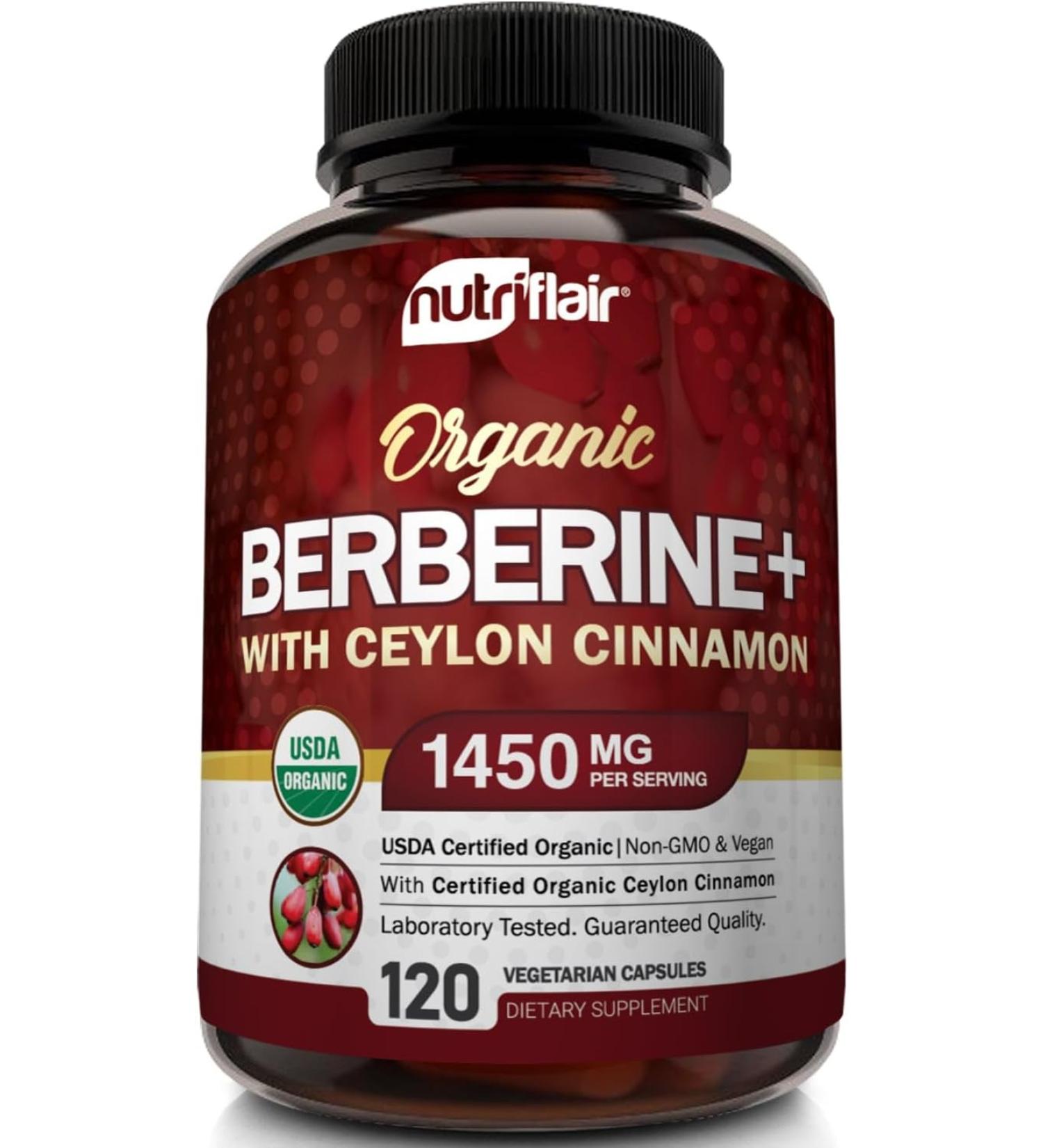 NutriFlair Organic Berberine with Ceylon Cinnamon 1450mg - 120 VEGETARIAN Capsules - Buy Online on GoSupps.com