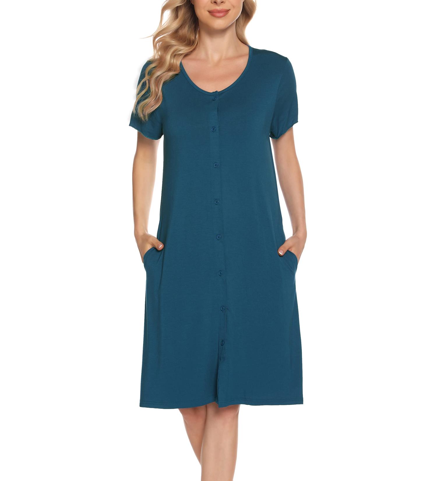 Lovasy Women's Button-Down Nightdress with Pockets - Blue Green XL - Buy Online on GoSupps.com