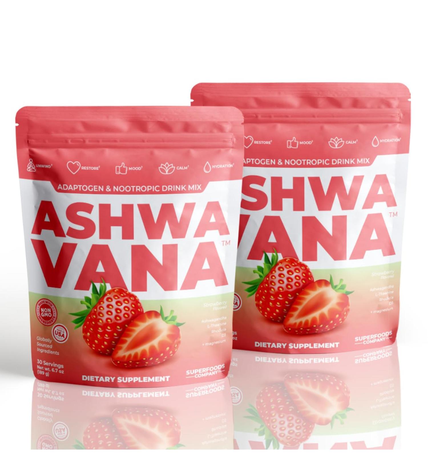 ASHWAVANA Zen Relax Drink Mix - Nootropic Adaptogen-Infused Ashwagandha Beverage - Rhodiola Magnesium L-Theanine - Restore & Unwind - Alcohol Alternative - Strawberry Flavor - 60 Count (Pack of 2) - Buy Online on GoSupps.com