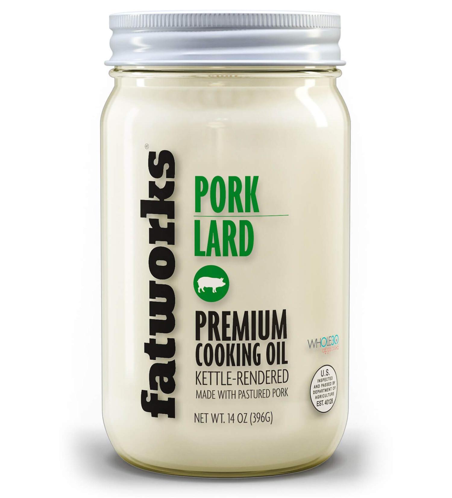 Fatworks Premium Pasture Raised Lard. The Original Non-Hydrogenated Pasture-Raised Lard crafted for Traditional, Keto, and Paleo Chefs. Artisanally Rendered, WHOLE30 APPROVED, Glass Jar, 14oz. 14 Ounce (Pack of 1)
