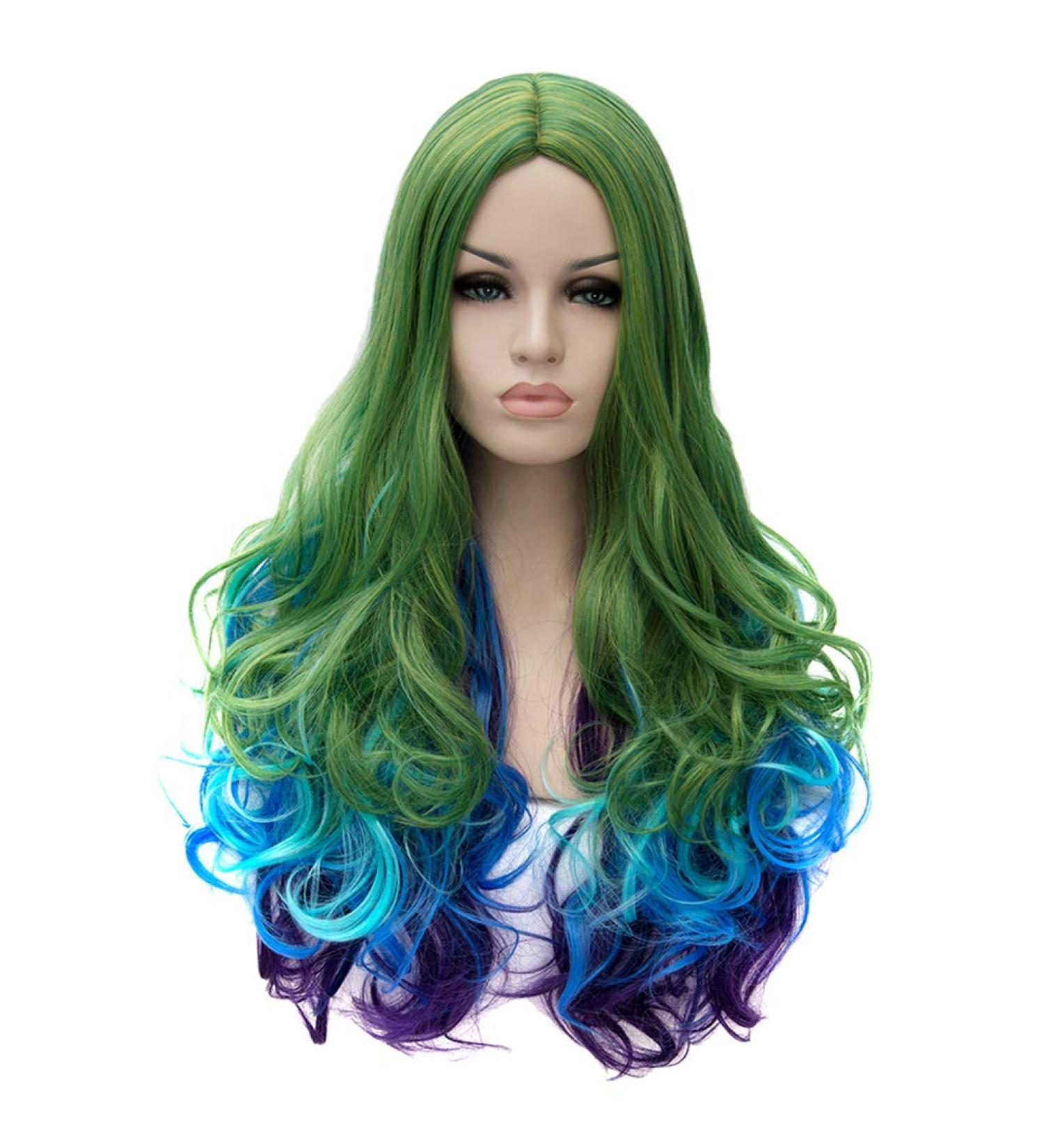 Baisheng Women Long Straight Side Parting Wig - Natural Black & Grass Green Gradient | Heat Resistant Synthetic Cosplay Hair - Buy Online on GoSupps.com